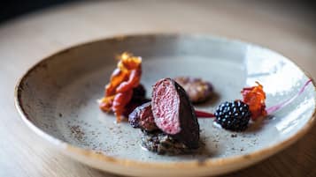 A plate with a piece of meat, some berries, and a leaf.