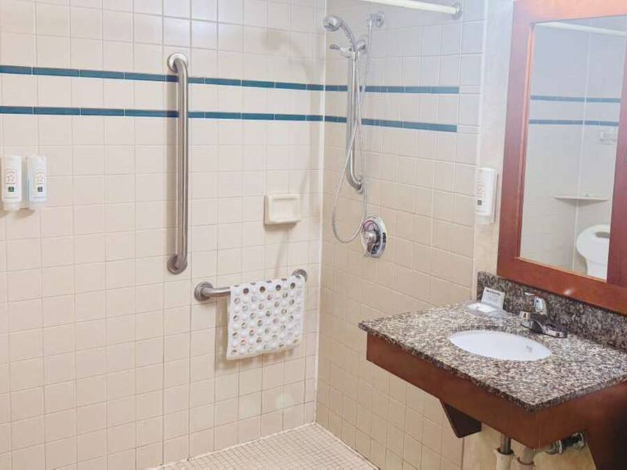 A bathroom with a sink, mirror, towel rack, and grab bars.