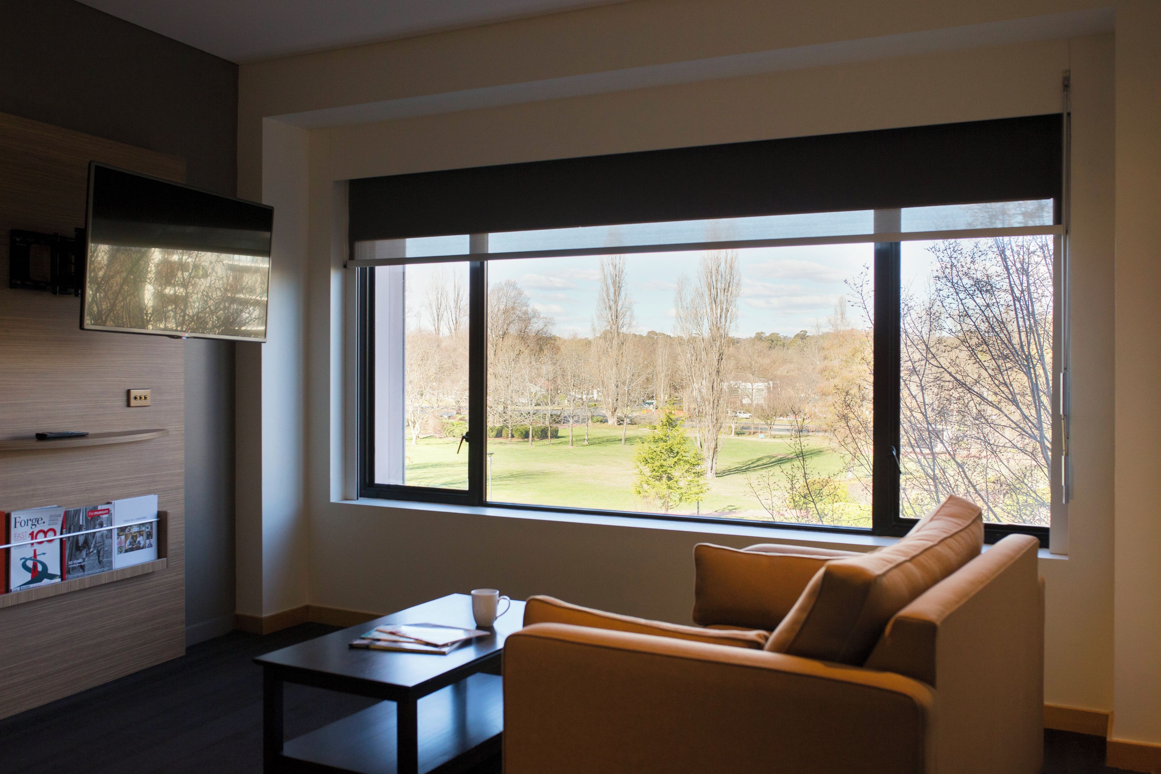 A modern living room with a large window, a flat-screen TV mounted on the wall, and a sofa with cushions.