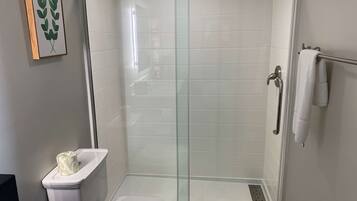 Shower, hydromassage showerhead, free toiletries, hair dryer