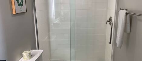 A modern bathroom with a glass-enclosed shower, a toilet, and a sink.