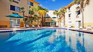 A swimming pool with lounge chairs and umbrellas, surrounded by palm trees and a multi-story building. - La Quinta Inn & Suites by Wyndham St. Pete-Clearwater Airpt (Clearwater)