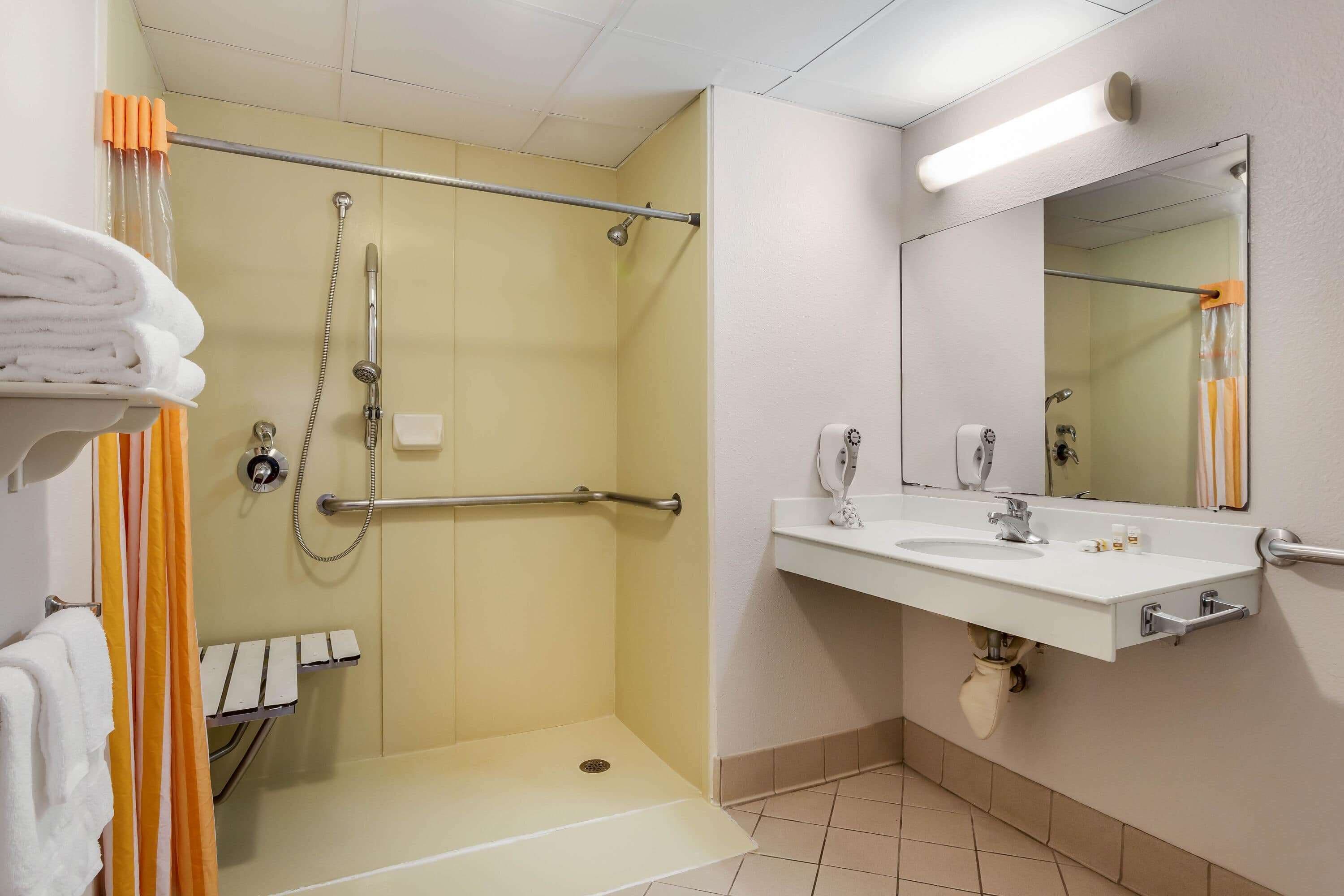 A bathroom with a shower, a sink, and a mirror.