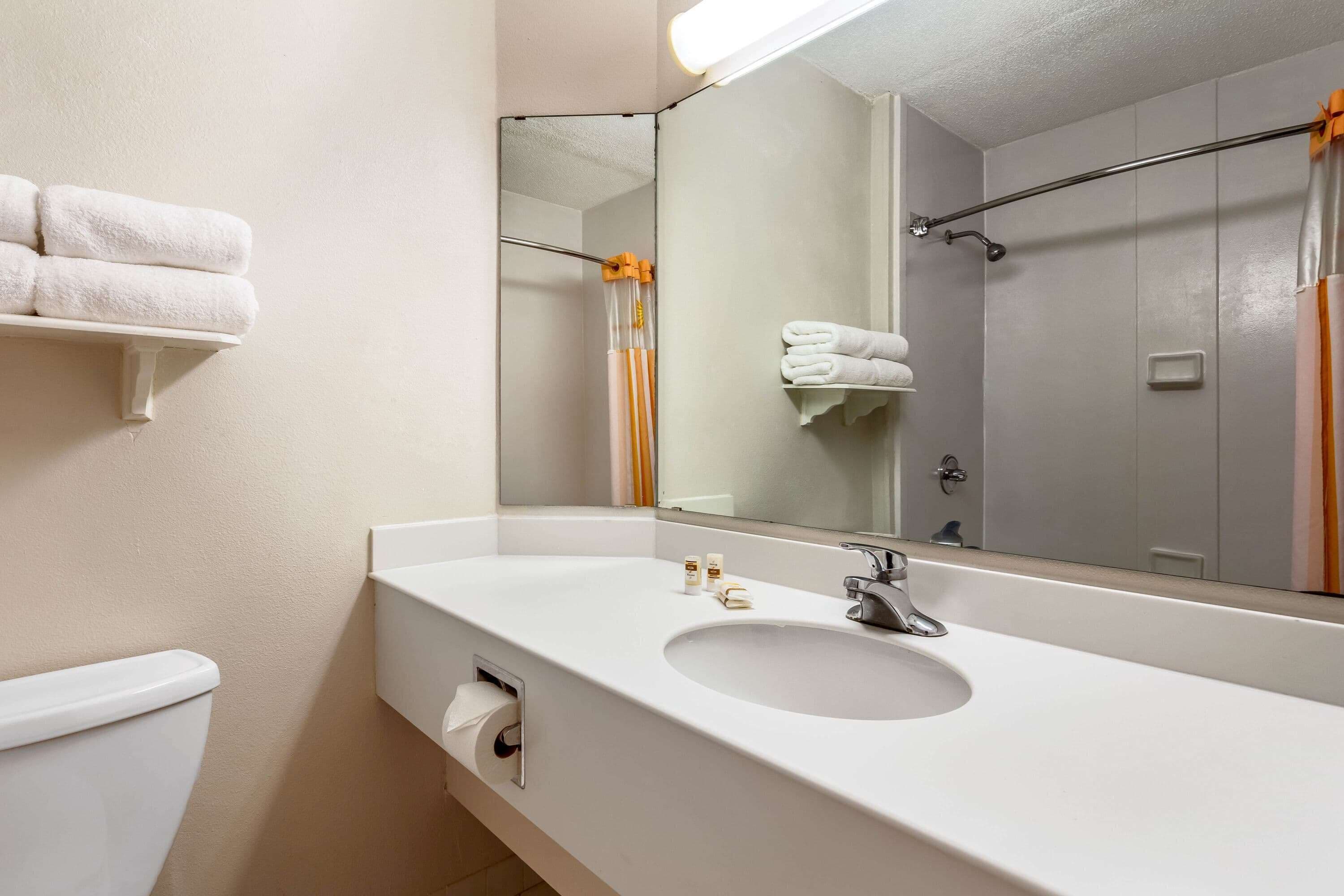 A bathroom with a white sink, mirror, and towel rack.