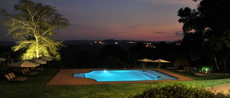 Outdoor pool, pool umbrellas, pool loungers