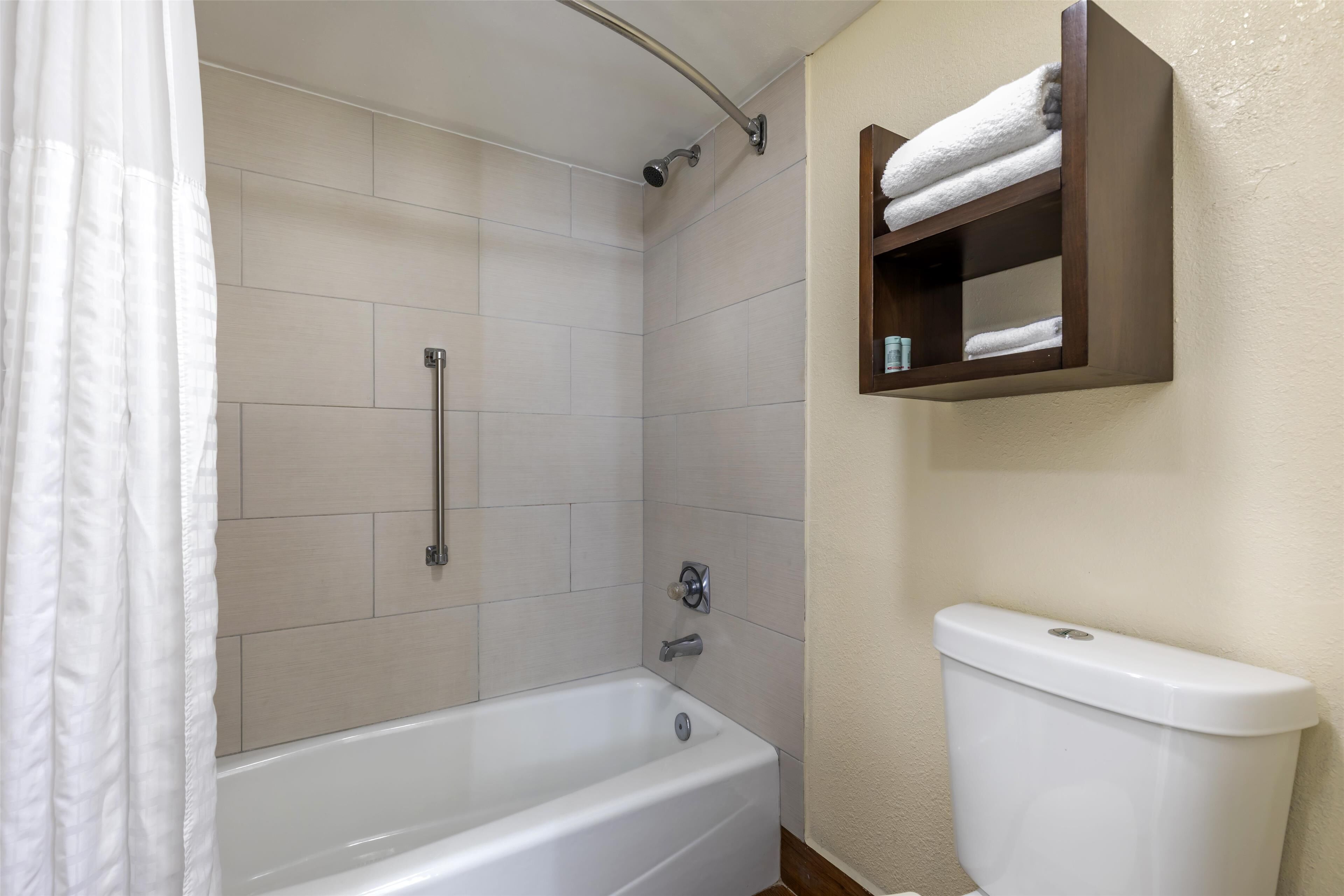 Ein Badezimmer mit Badewanne, Dusche und Toilette.