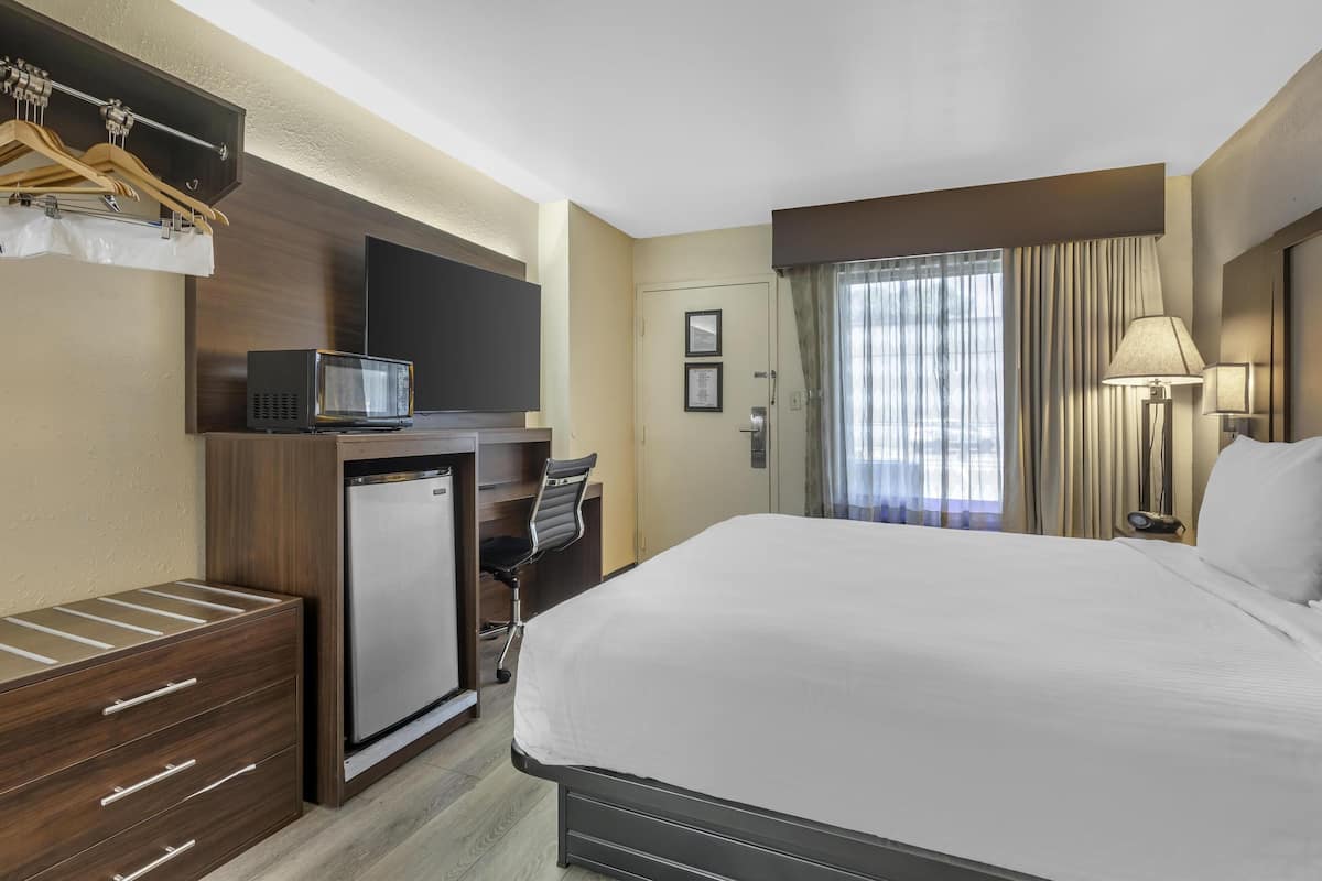 A hotel room with a bed, a desk with a computer, a television, a small refrigerator, and a wardrobe.
