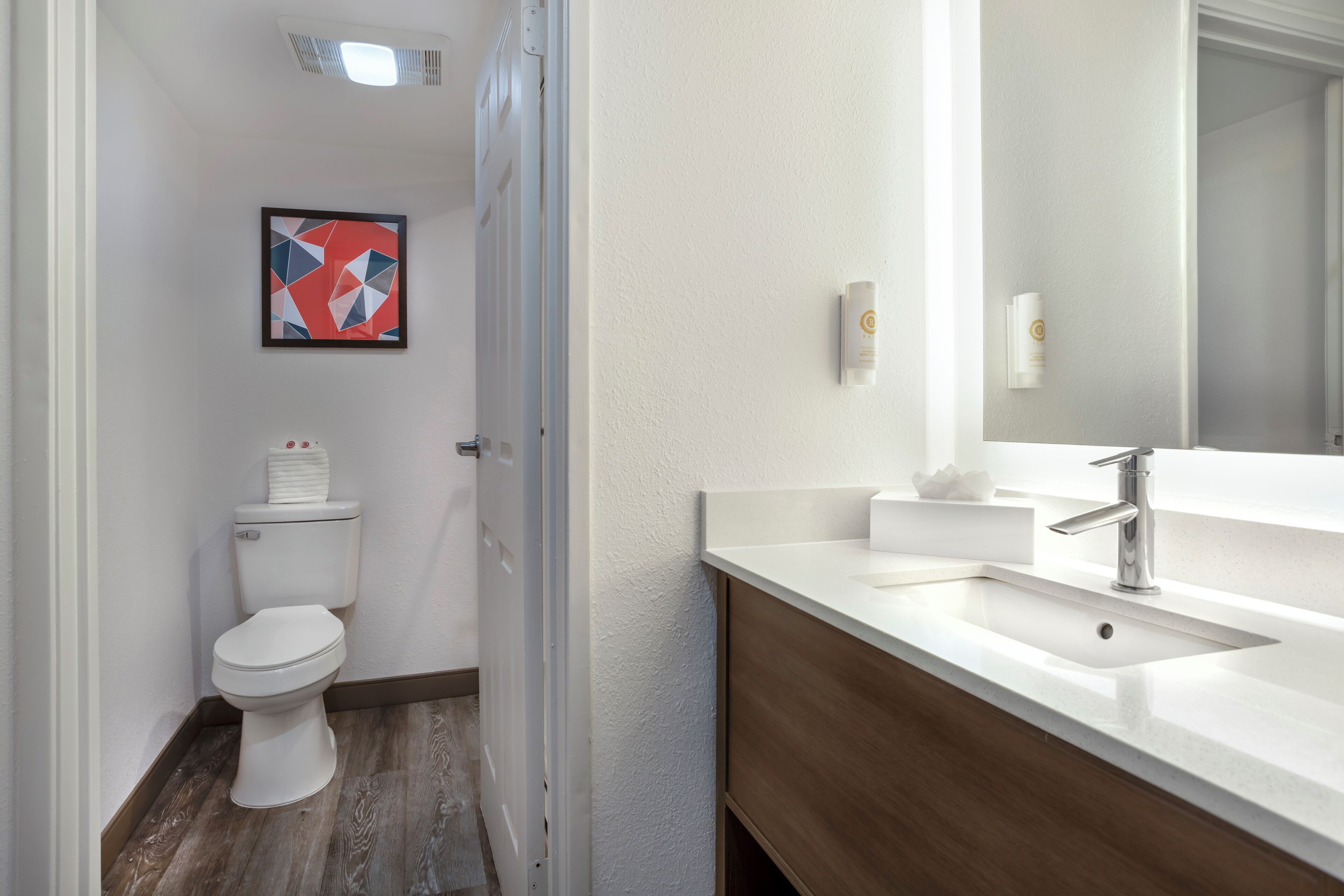 A modern bathroom with a toilet, a sink, and a mirror.