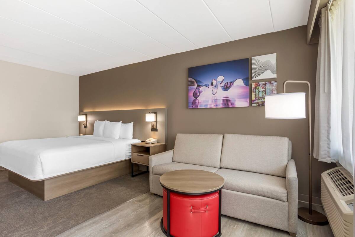 Une chambre d’hôtel avec un lit, un canapé, une table de chevet rouge, une lampe et des œuvres d’art accrochées au mur.