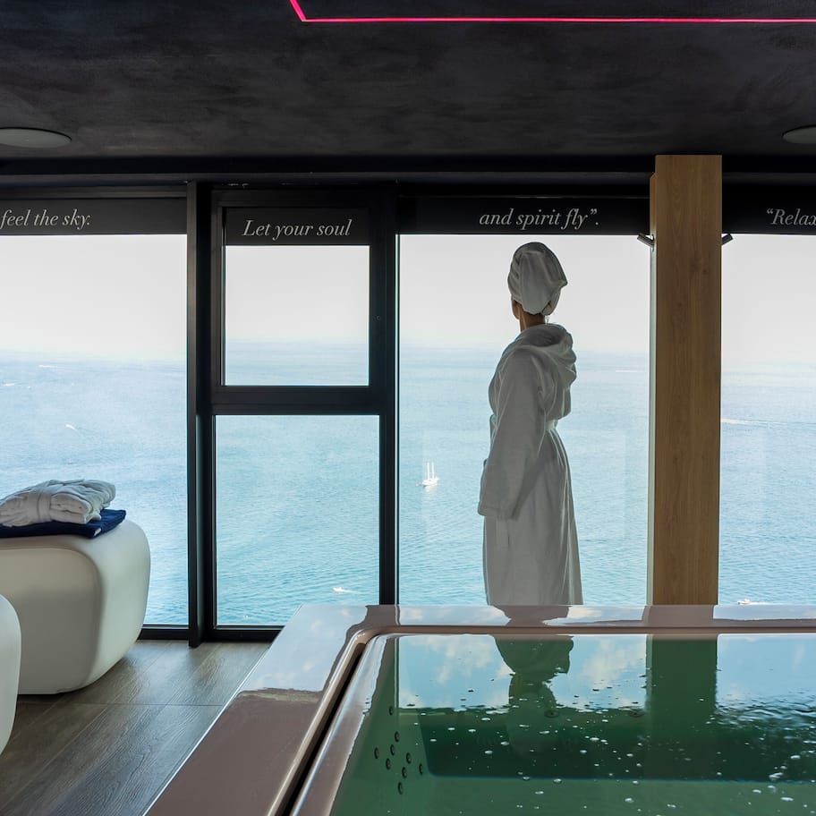 Outdoor treatment areas, sauna, hot tub, steam room, body treatments