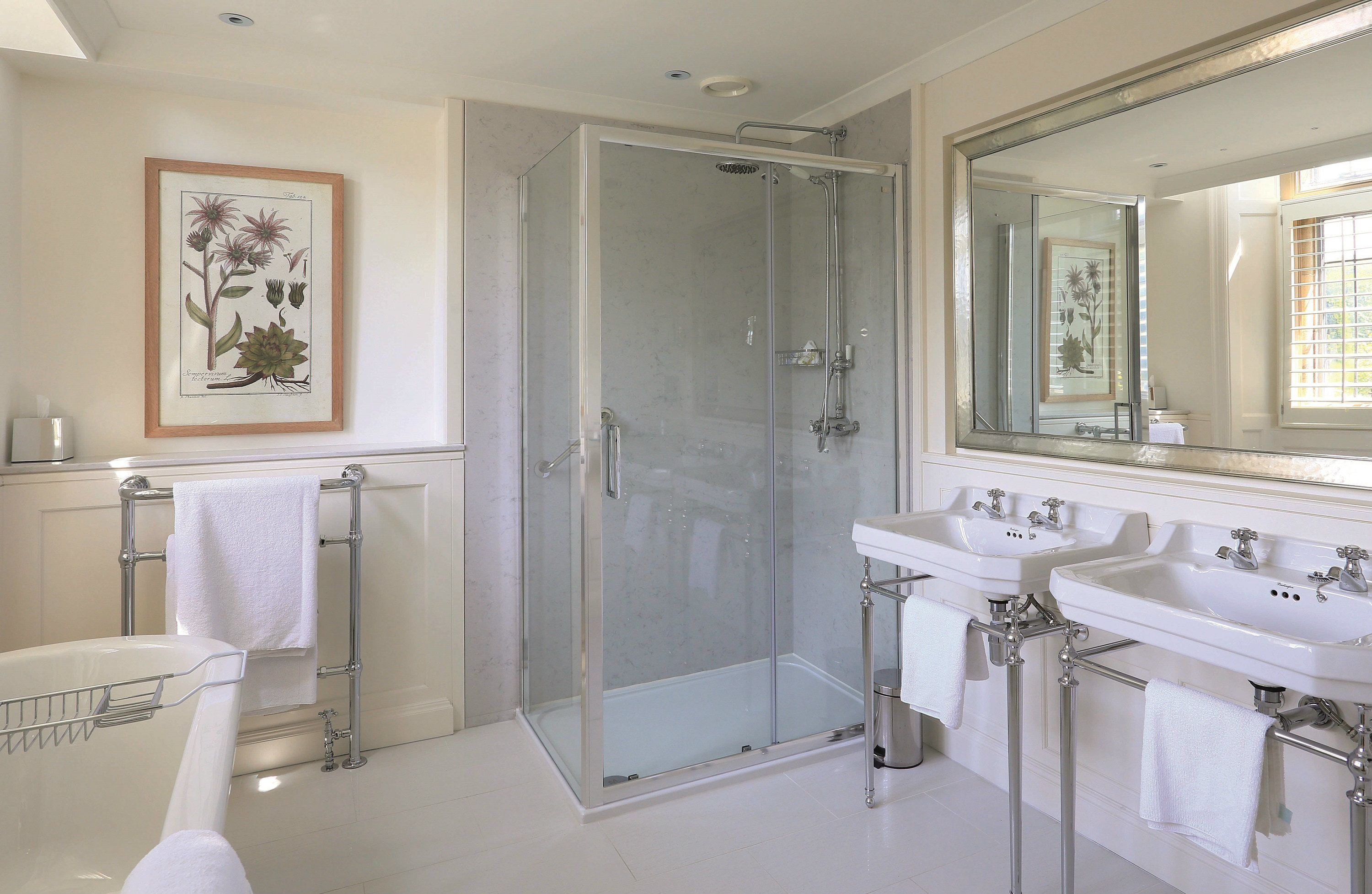 combined shower/bathtub, free toiletries, hair dryer, bathrobes