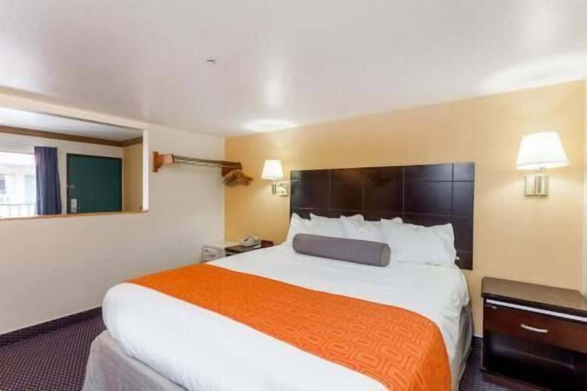A hotel room with a bed, a nightstand, a lamp, a window, and a door.