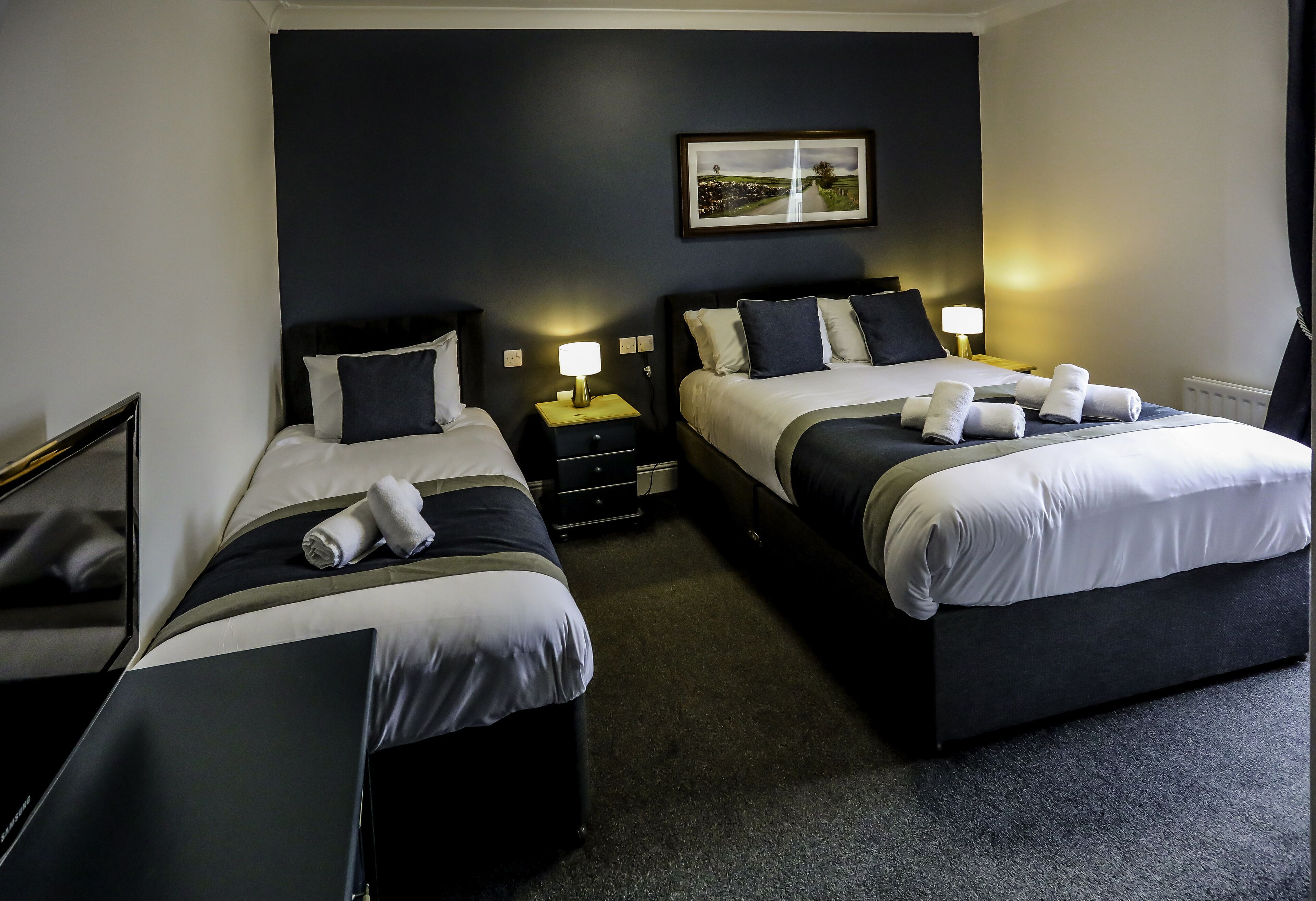A hotel room with two beds, dark walls, a framed picture, and a carpeted floor.