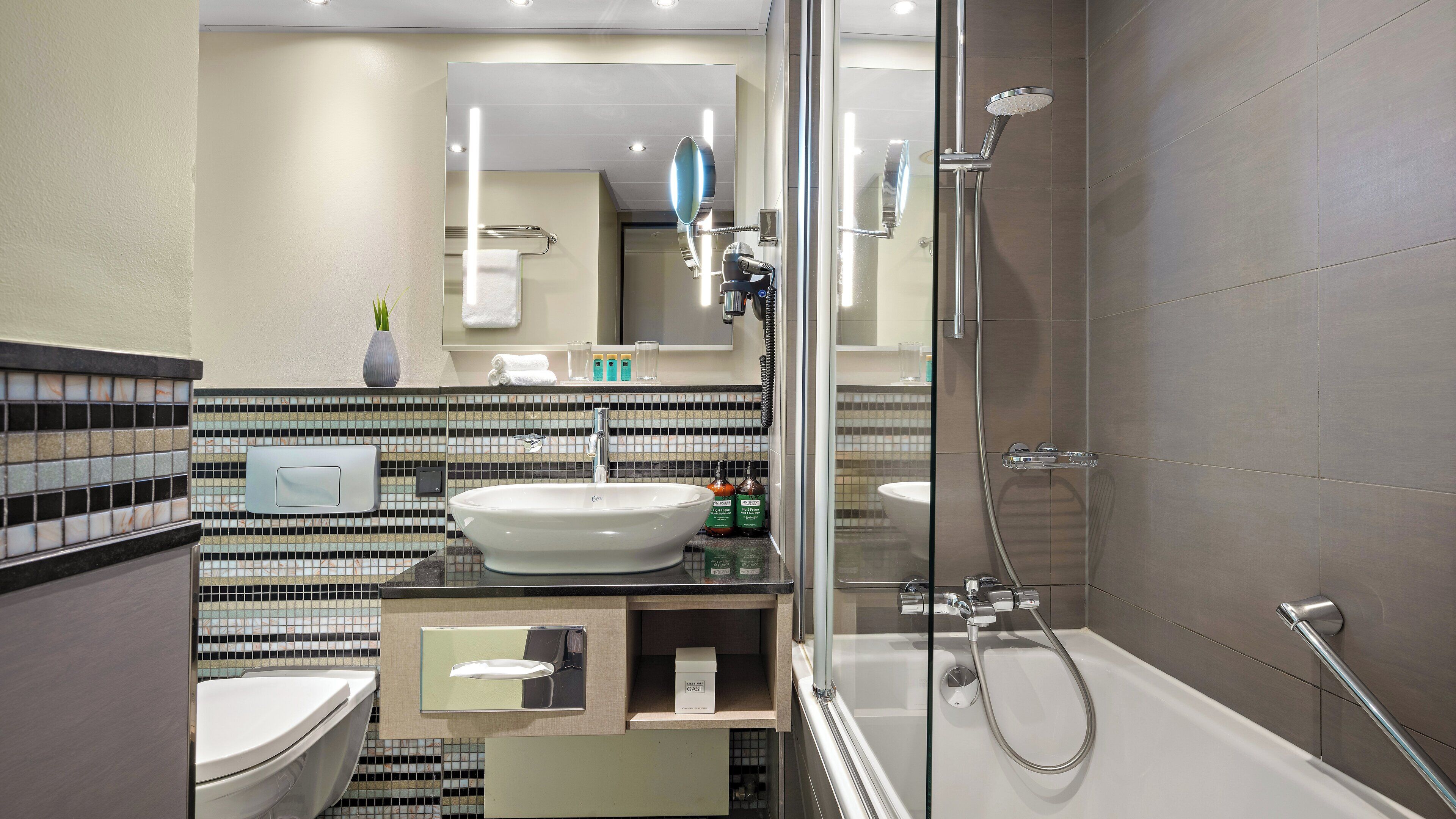 free toiletries, hair dryer, bathrobes, towels