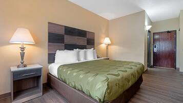 A hotel room with a large bed, two bedside lamps, a wooden headboard, a nightstand with a drawer, and a wooden door.