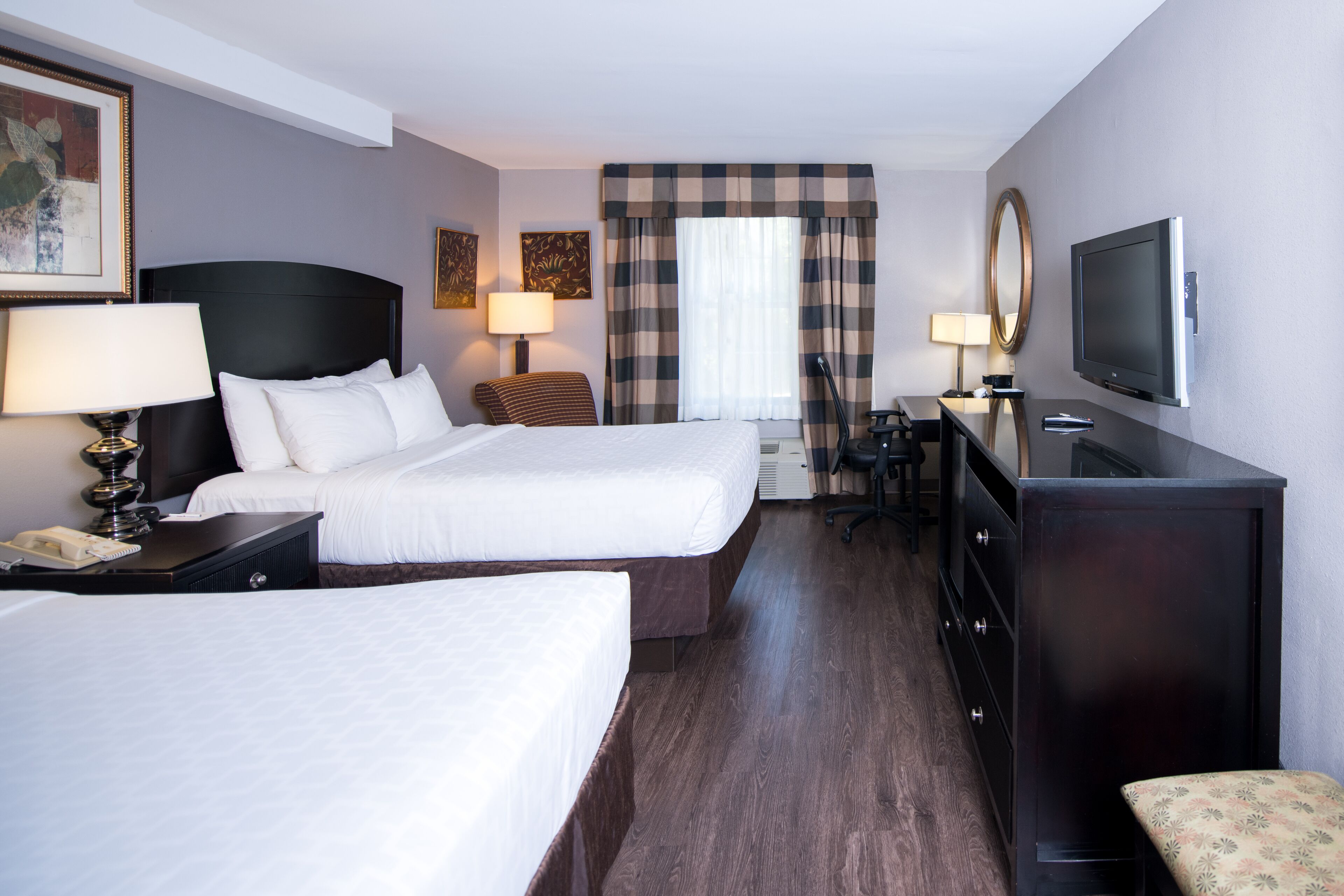 Desk, laptop workspace, blackout curtains, iron/ironing board