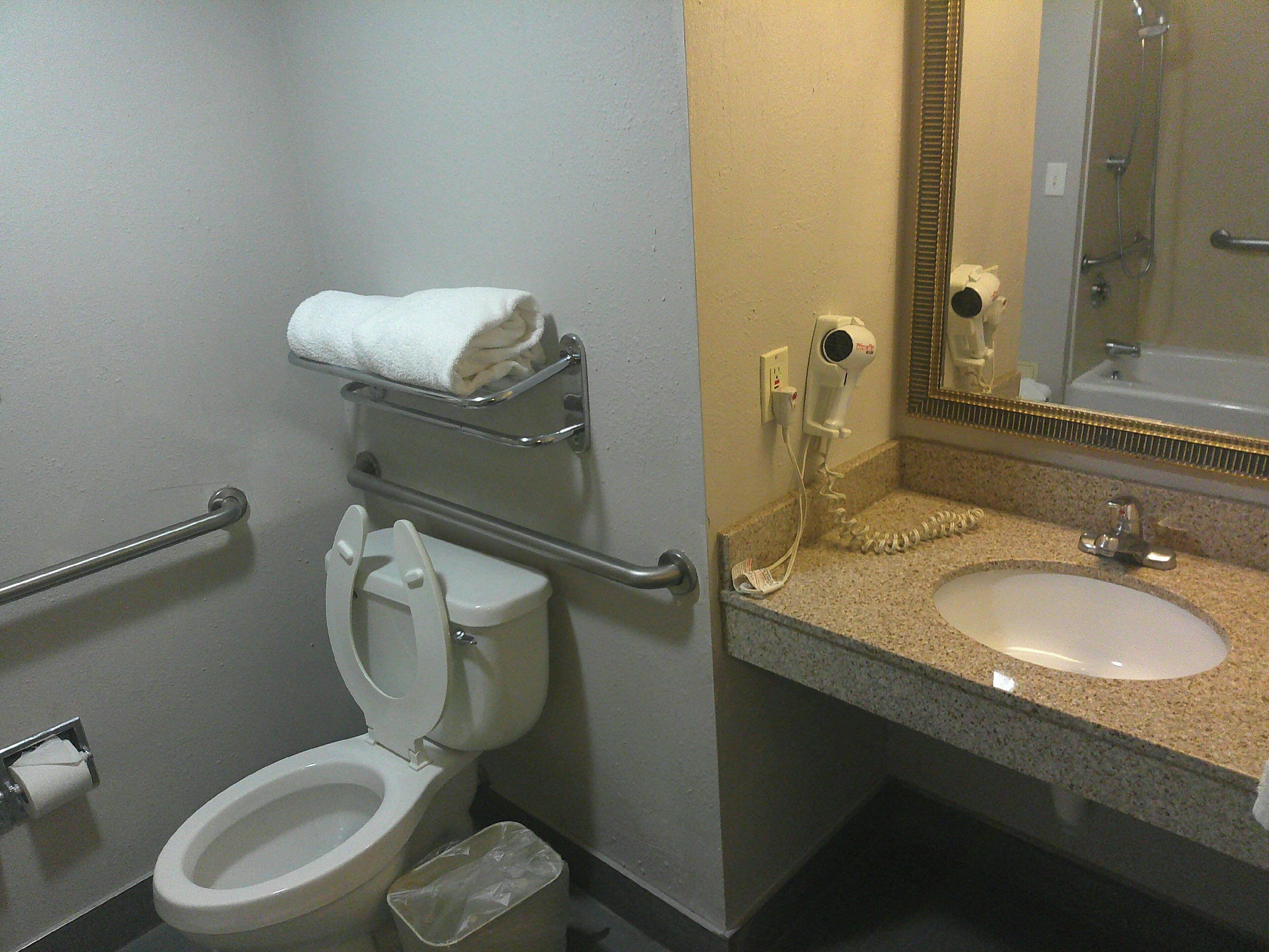 Une salle de bain équipée de toilettes, d’un porte-serviettes, d’un sèche-cheveux et d’un lavabo.