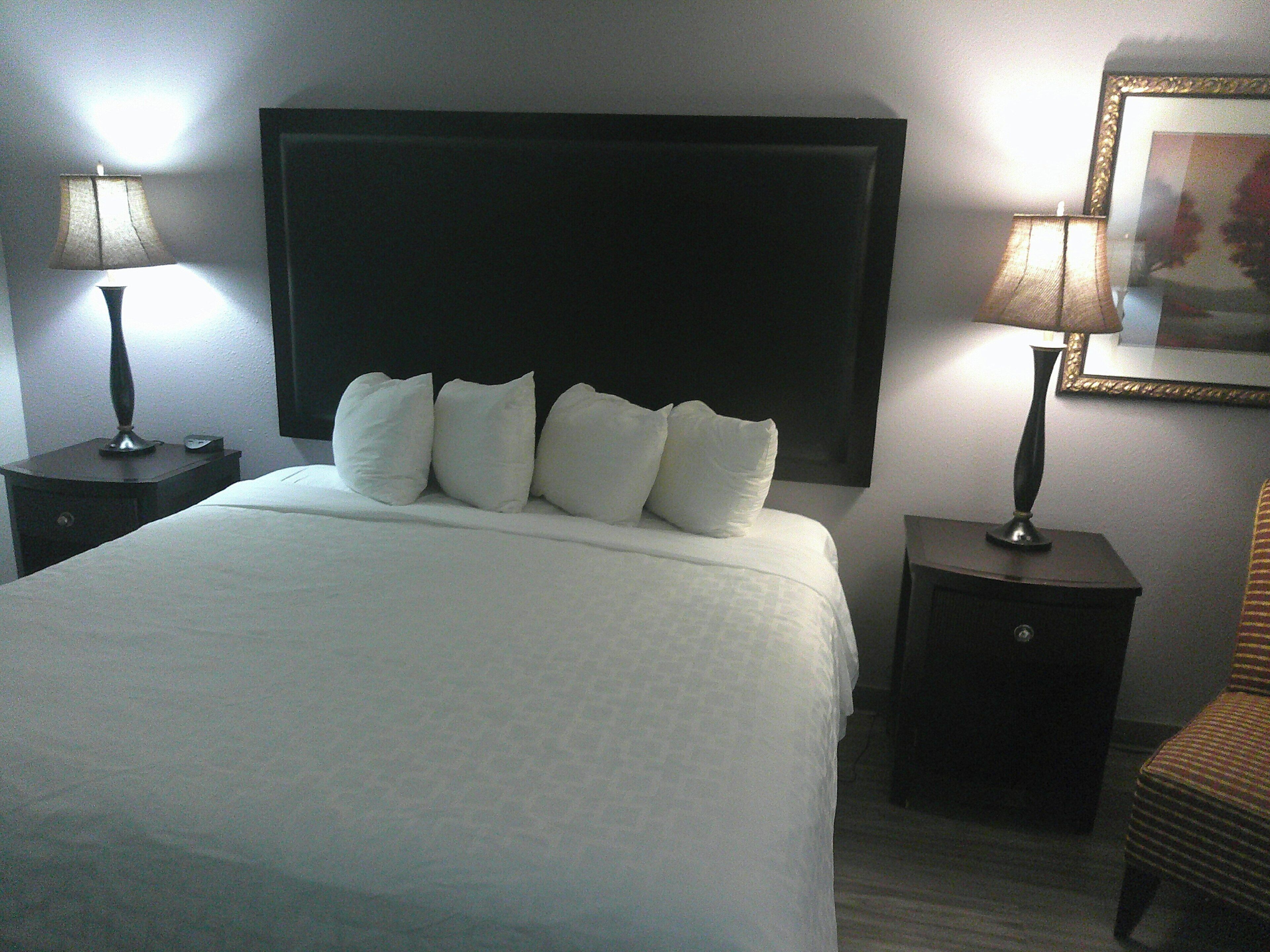 Habitación de hotel con una cama grande, dos mesitas de noche con lámparas, un cuadro en la pared y una silla.