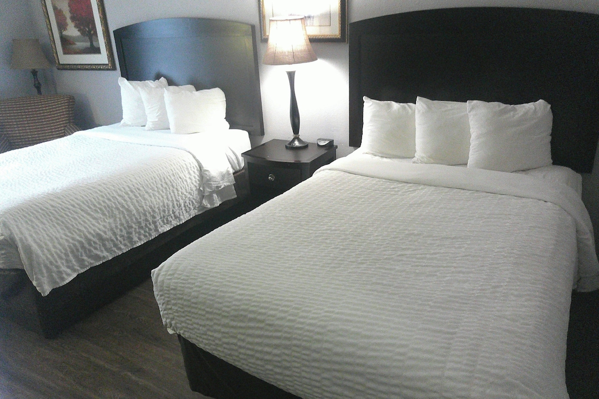 Two single beds with white bedding, a dark headboard, a bedside table with a lamp, and a framed picture on the wall.