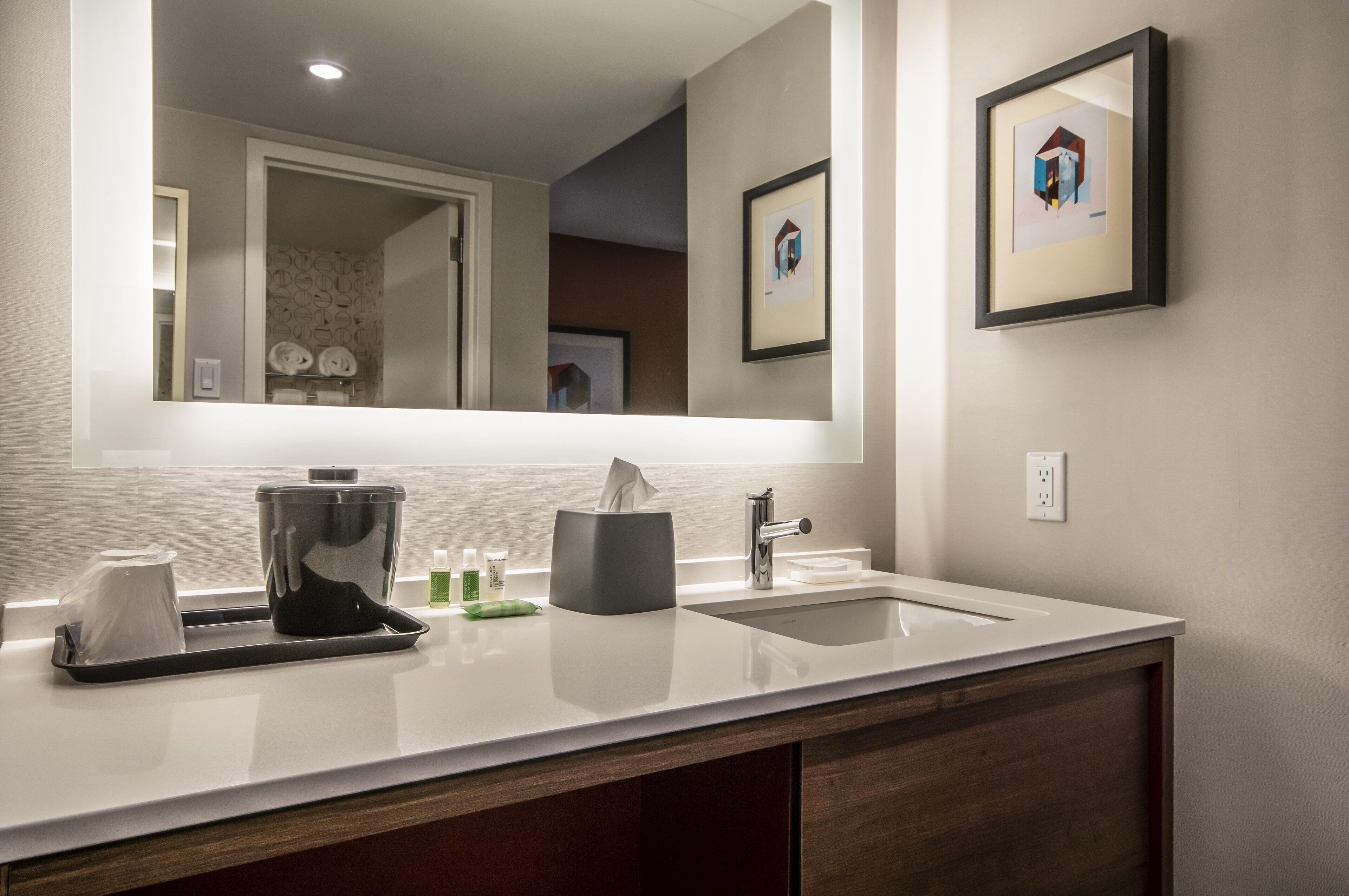 combined shower/bathtub, free toiletries, hair dryer, towels