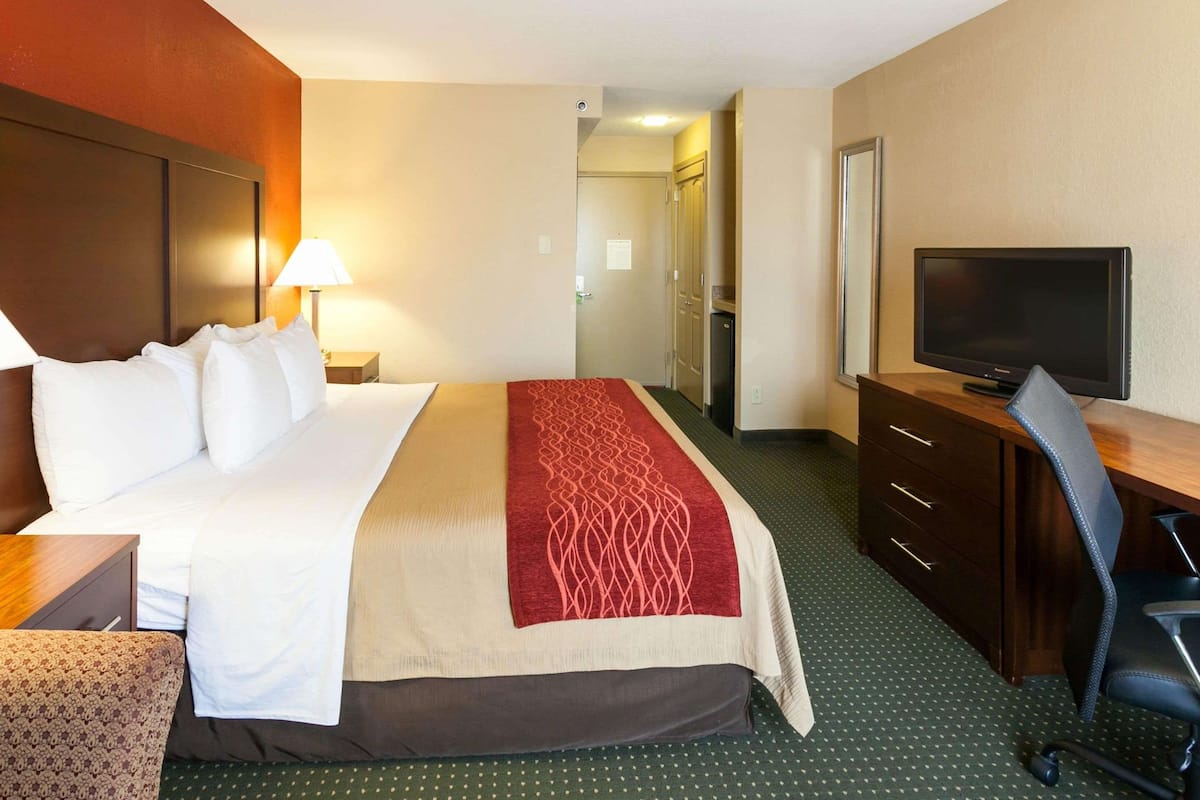 Ein Hotelzimmer mit einem Bett, einem Schreibtisch mit Fernseher, einem Sessel, einem Schminktisch und einer Lampe.