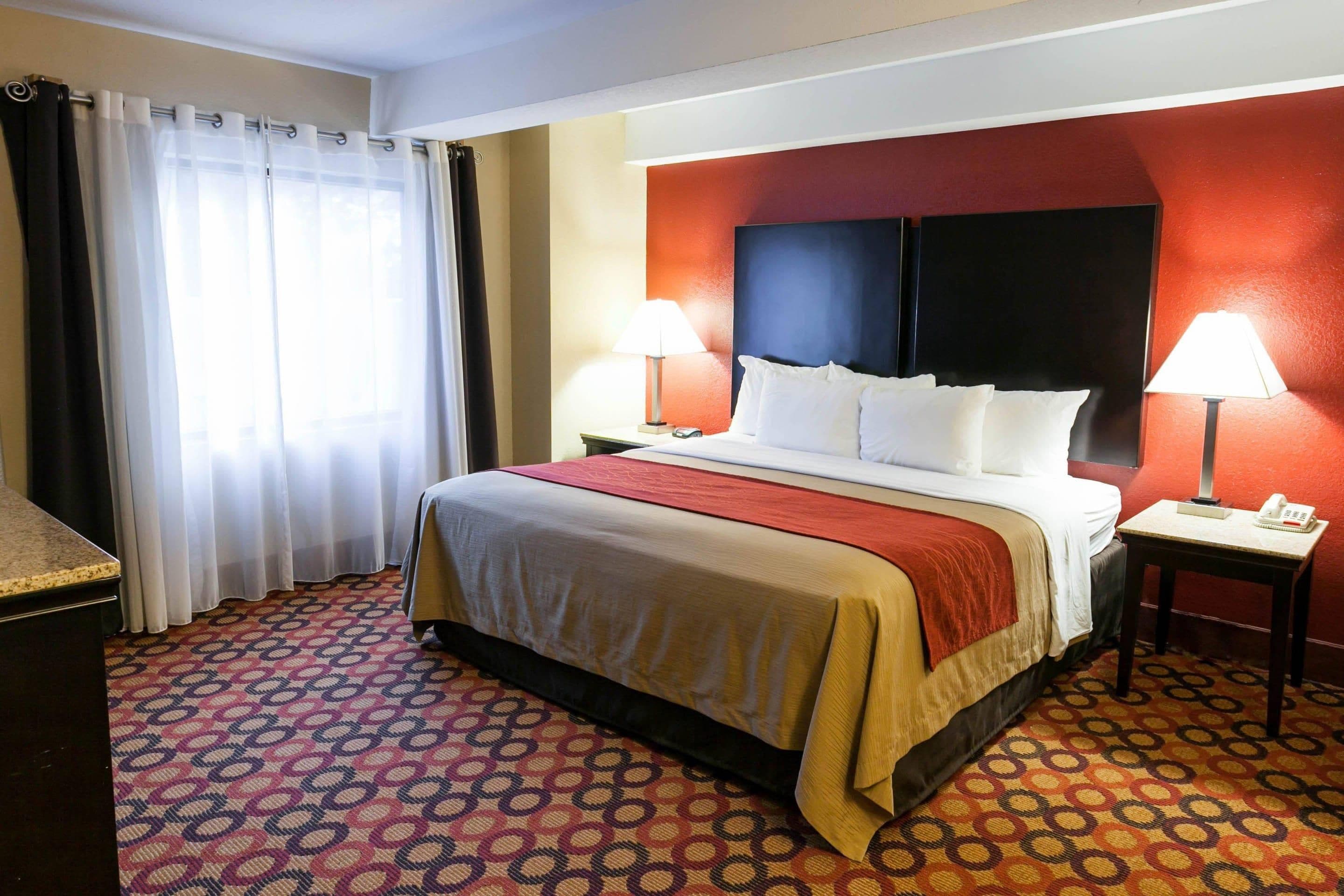 A hotel room with a bed, two bedside tables, a telephone, and a lamp on each table.