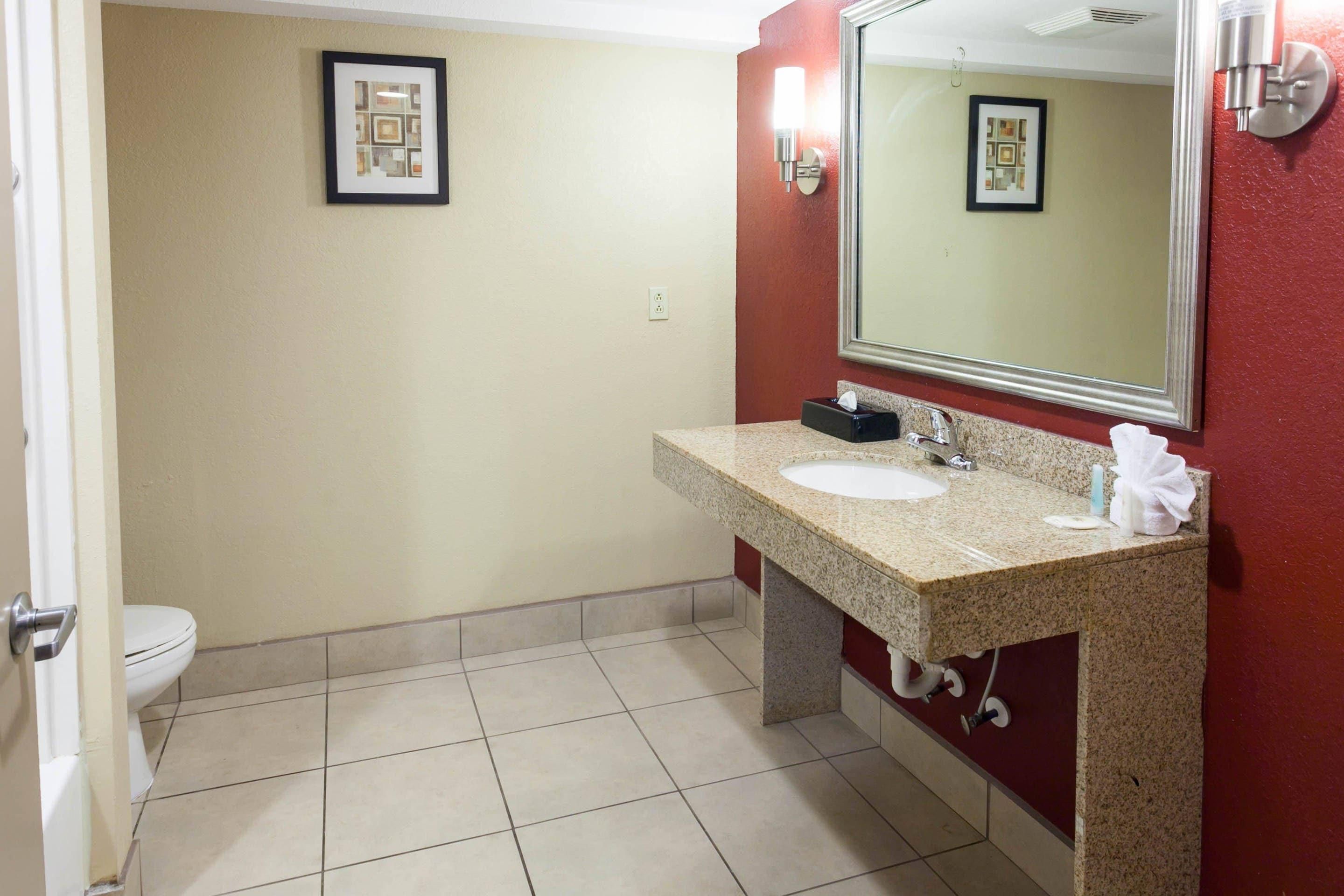 Un baño con inodoro, lavamanos con espejo y un cuadro en la pared.