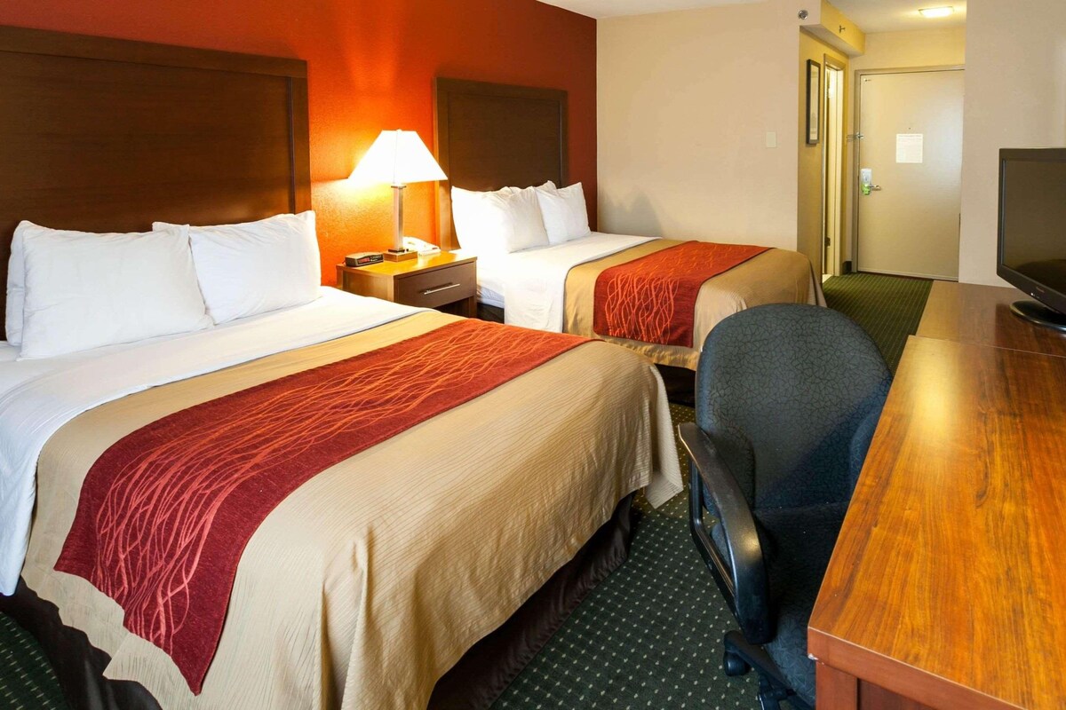 Een hotelkamer met twee bedden, een bureau, een stoel, een televisie en een lamp.