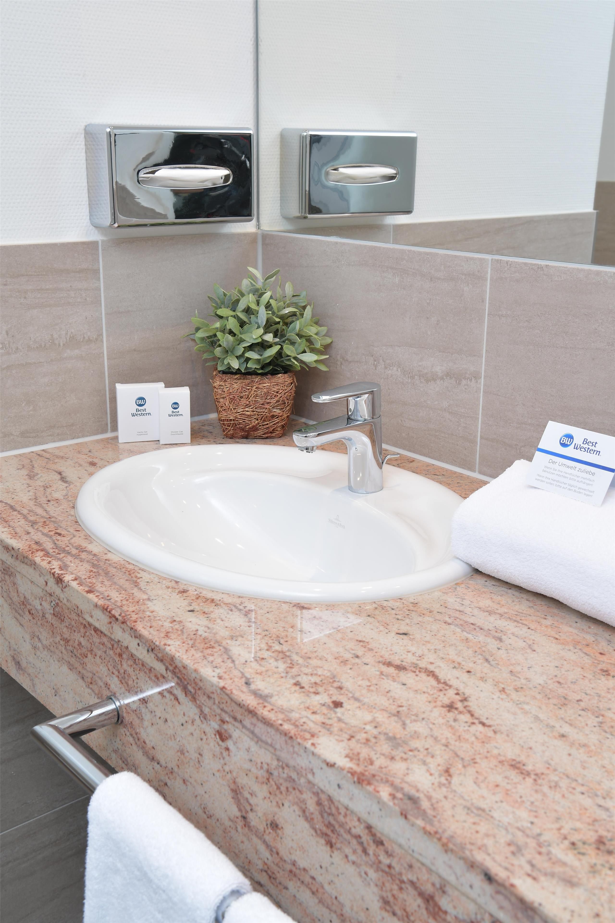 A bathroom with a white sink, a mirror, and a potted plant.