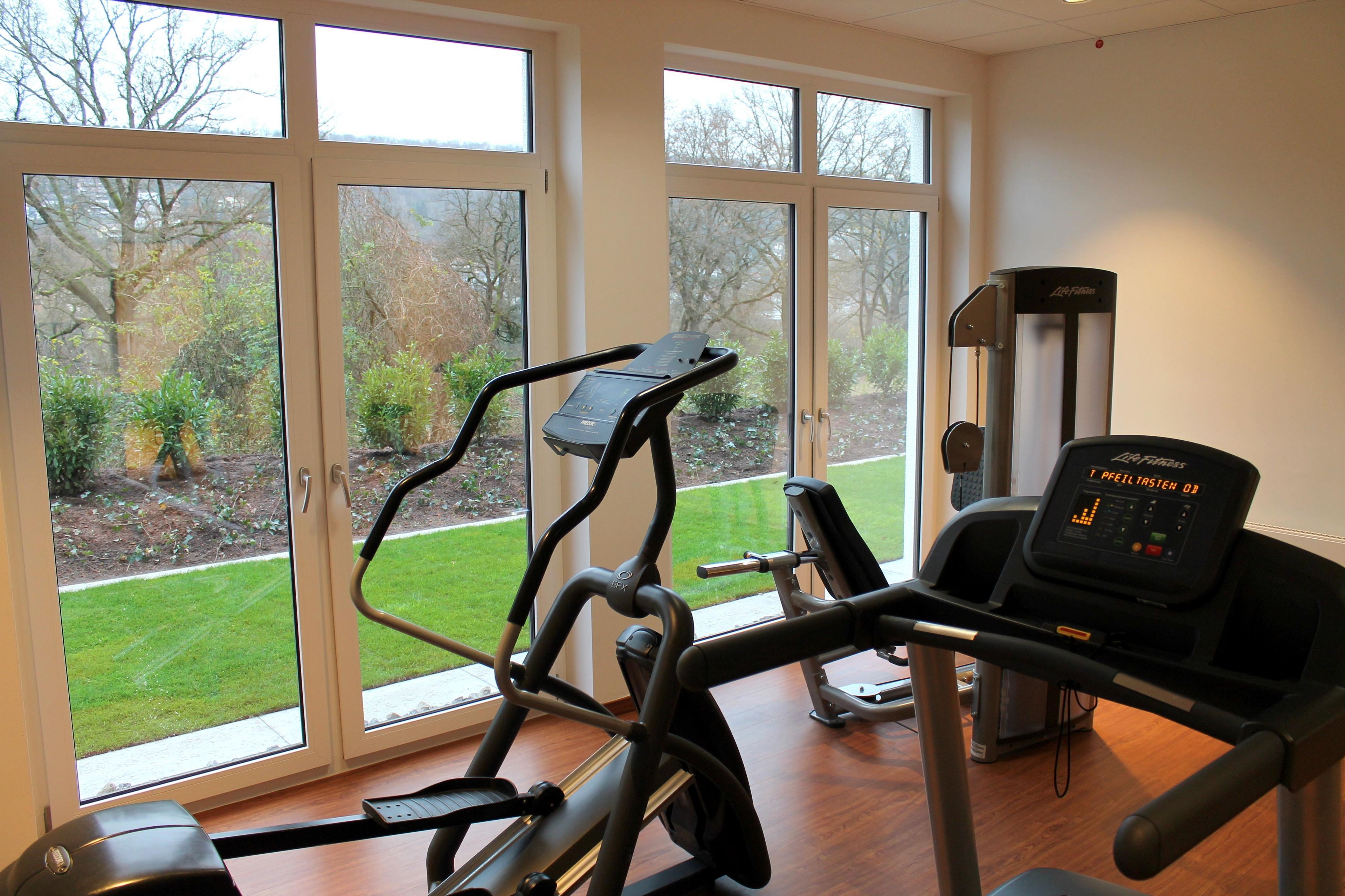 A home gym with a treadmill, elliptical, and weight machine, large windows with a view of a garden.