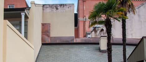 A courtyard with brick flooring, a white door, and a palm tree.