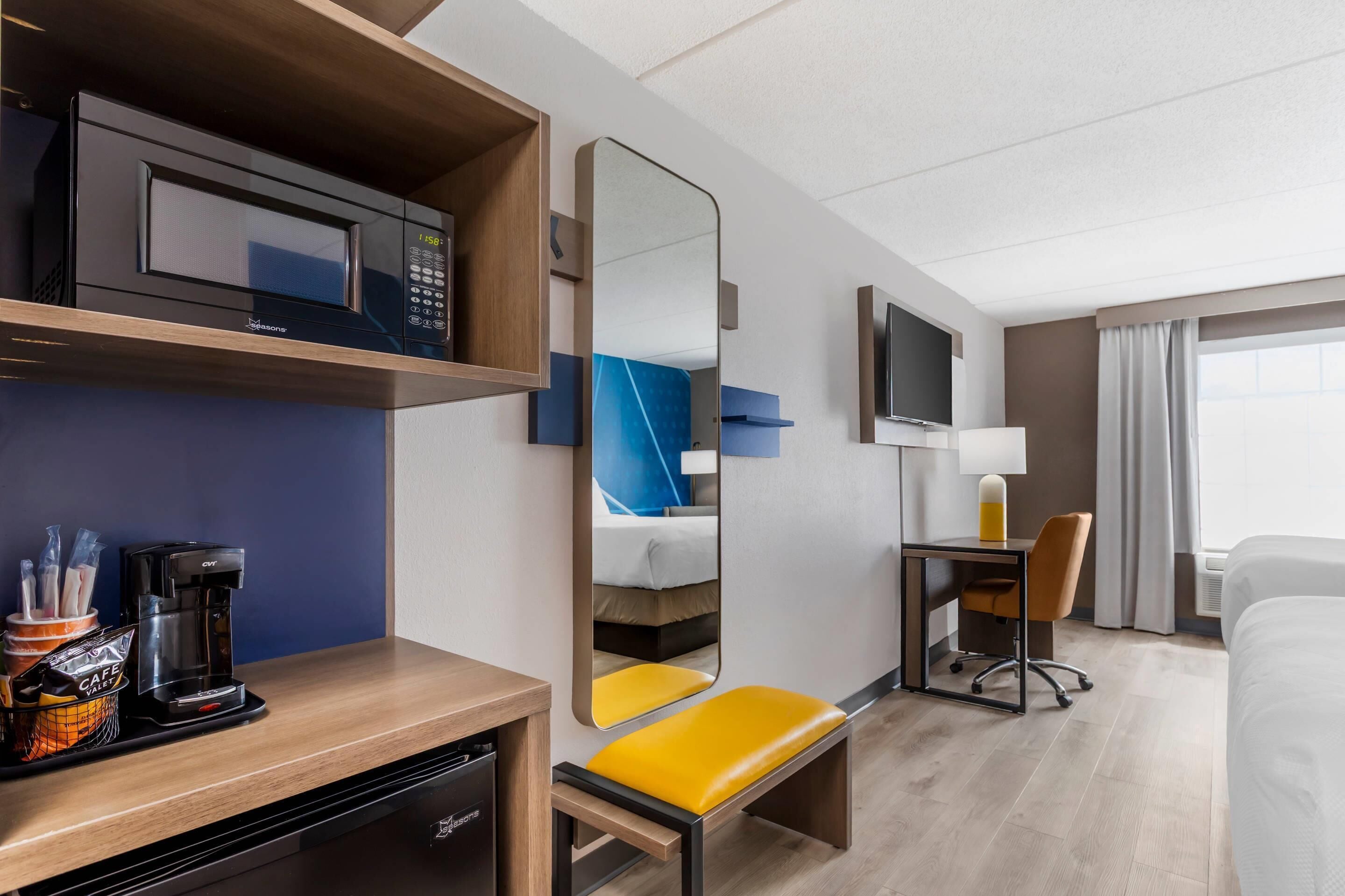 down duvets, desk, blackout curtains, iron/ironing board