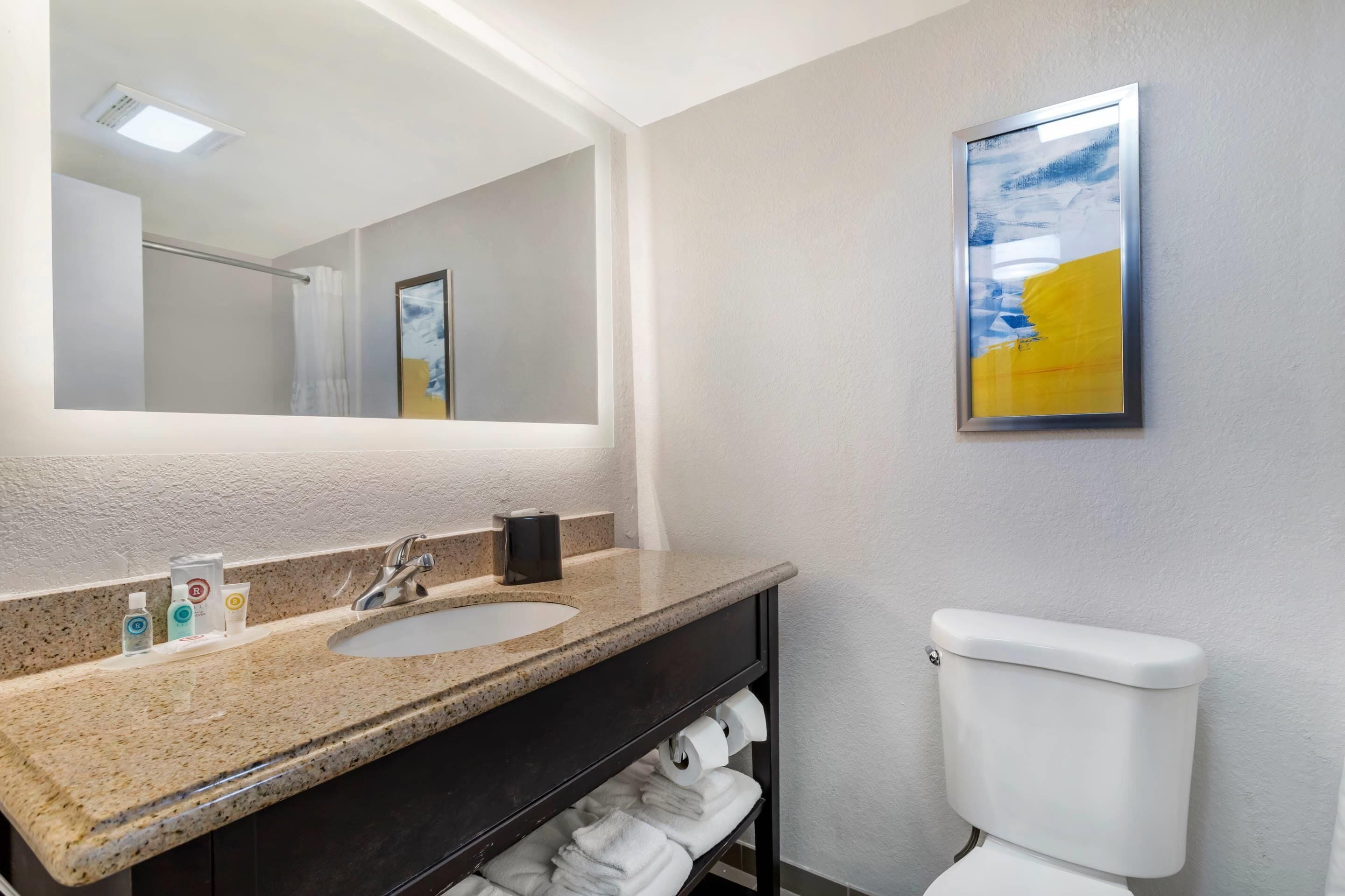A bathroom with a granite countertop sink, a mirror, a toilet, and a framed artwork on the wall.