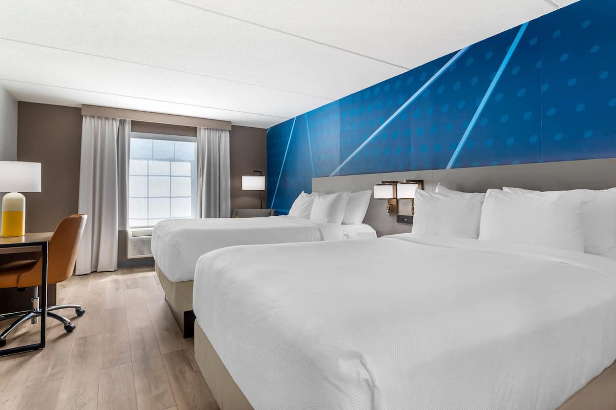 down duvets, desk, blackout curtains, iron/ironing board