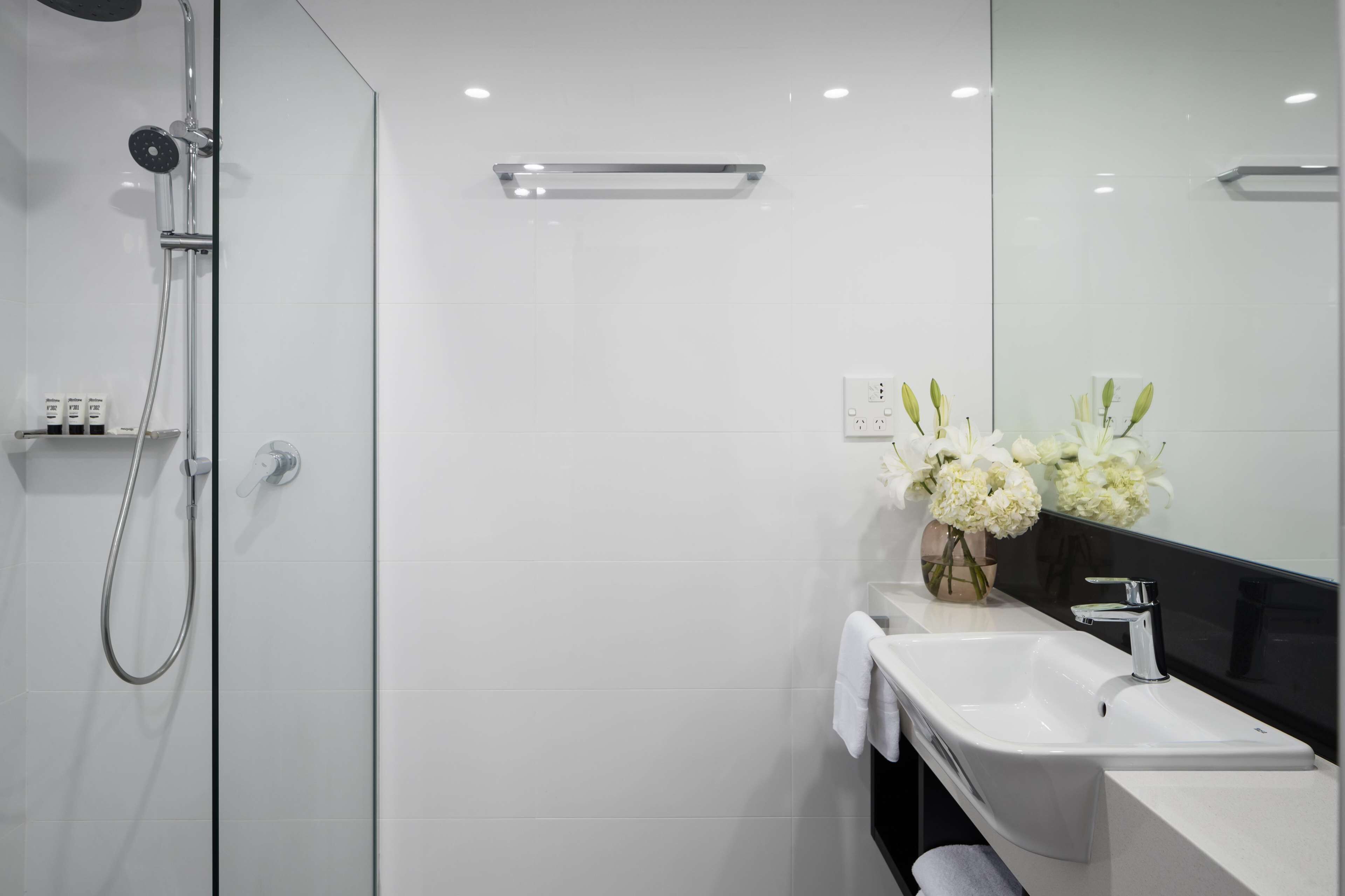 Een douche, gratis toiletartikelen, een haardroger, handdoeken