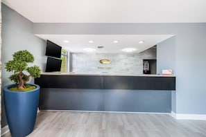 A reception desk with a modern design, a large potted tree, and a sign that reads 'Eco Lodge.'