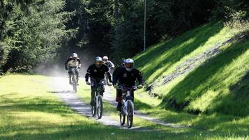 A group of cyclists on a dirt path surrounded by greenery.