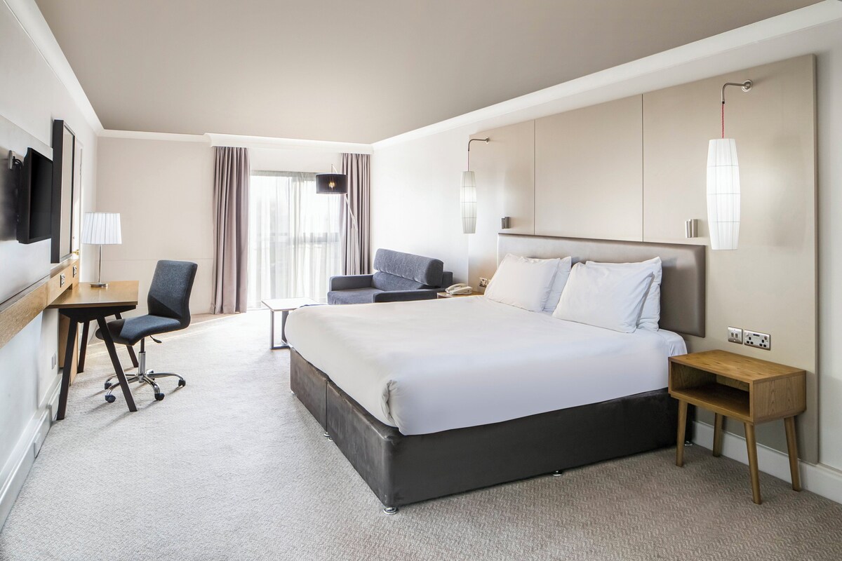 A hotel room with a large bed, a desk, a chair, a TV, and a lamp.