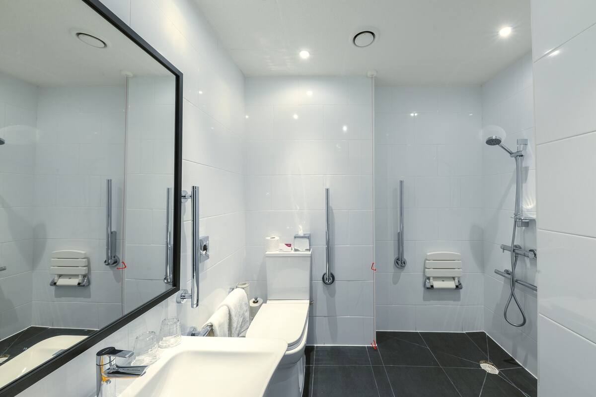 A modern bathroom with a large mirror, a dual sink vanity, a toilet, and a shower area.