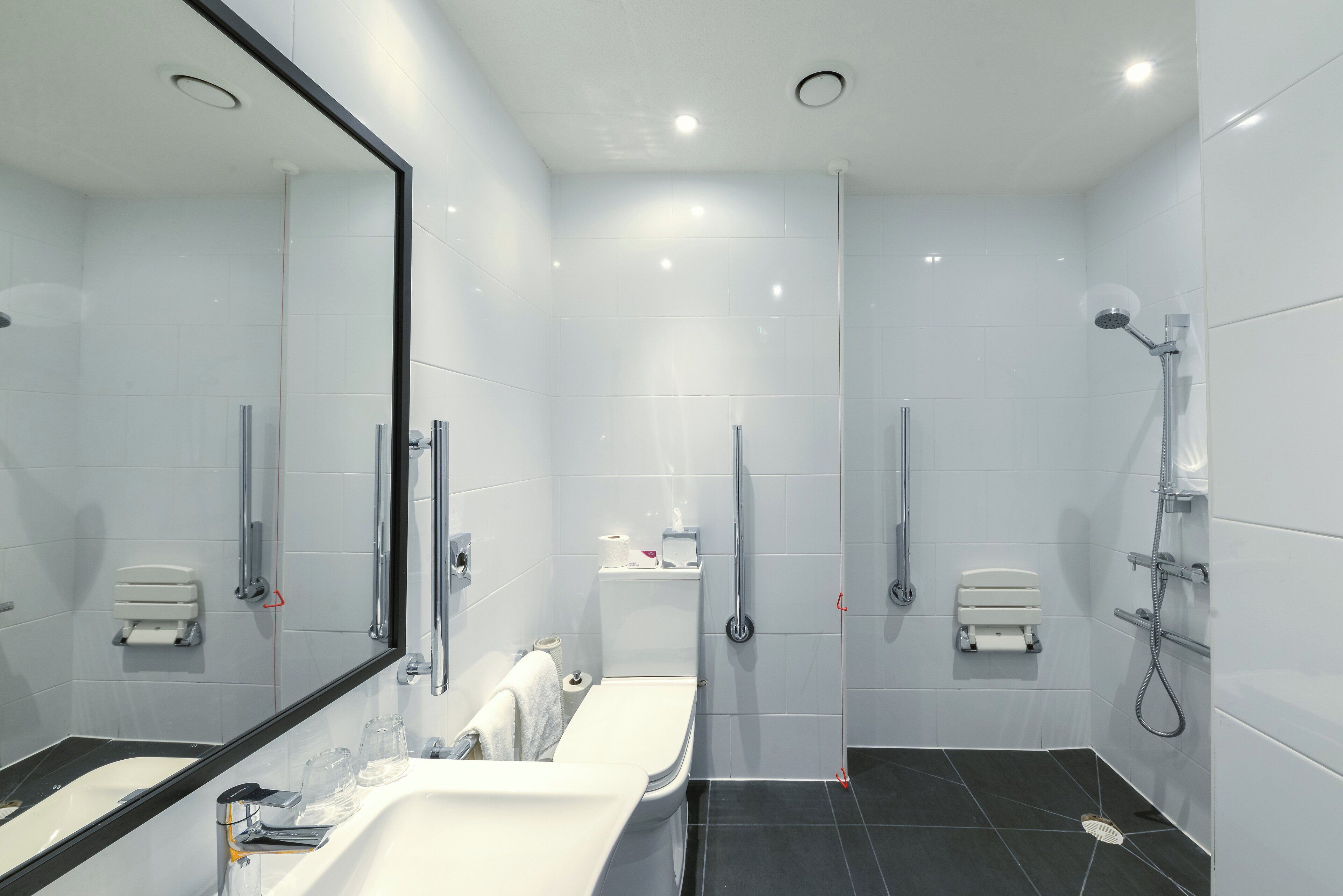 Une salle de bain moderne dotée d’un grand miroir, d’un meuble-lavabo à deux vasques, de toilettes et d’un espace douche.