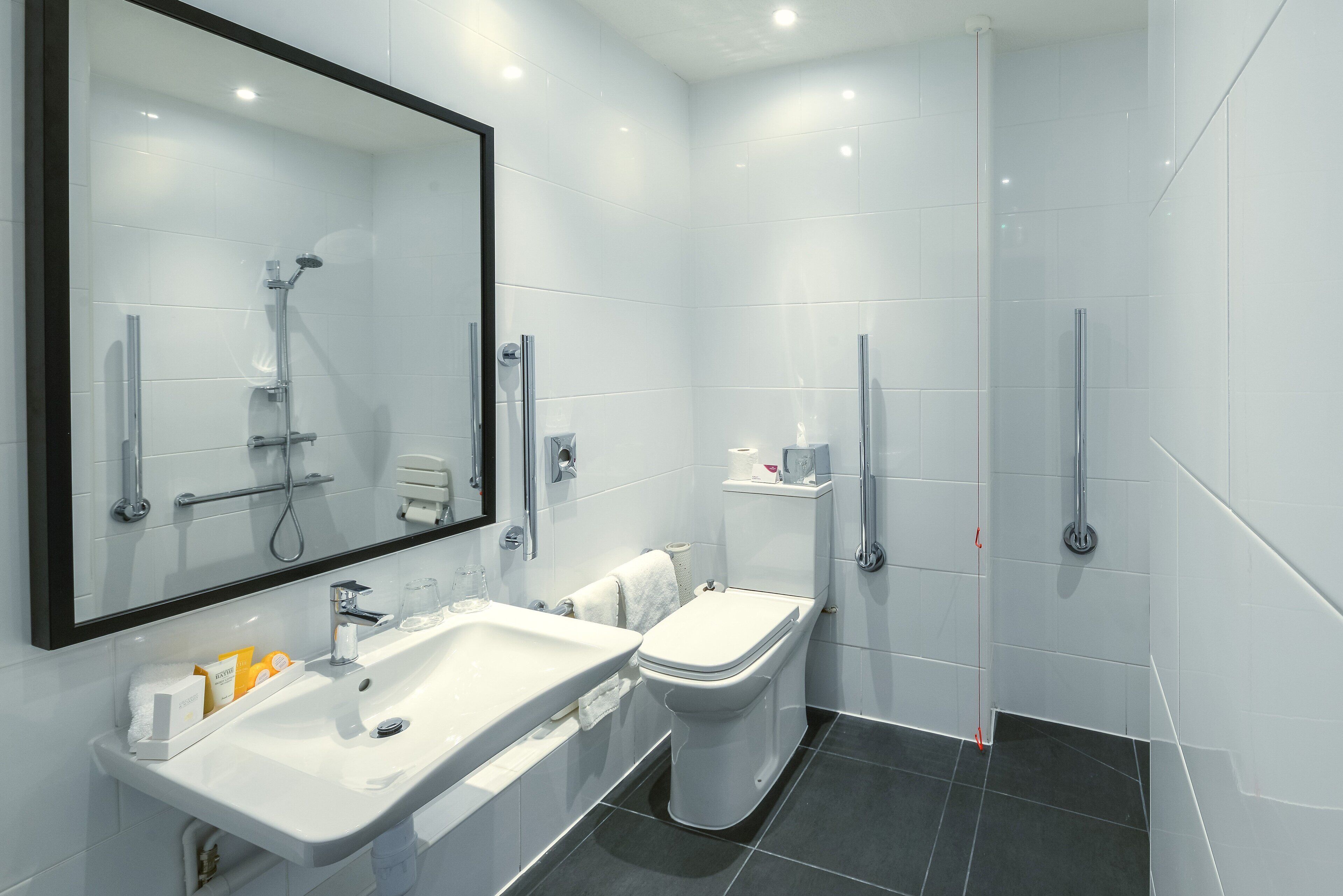 A modern bathroom with a large mirror, two sinks, a toilet, and a shower area.