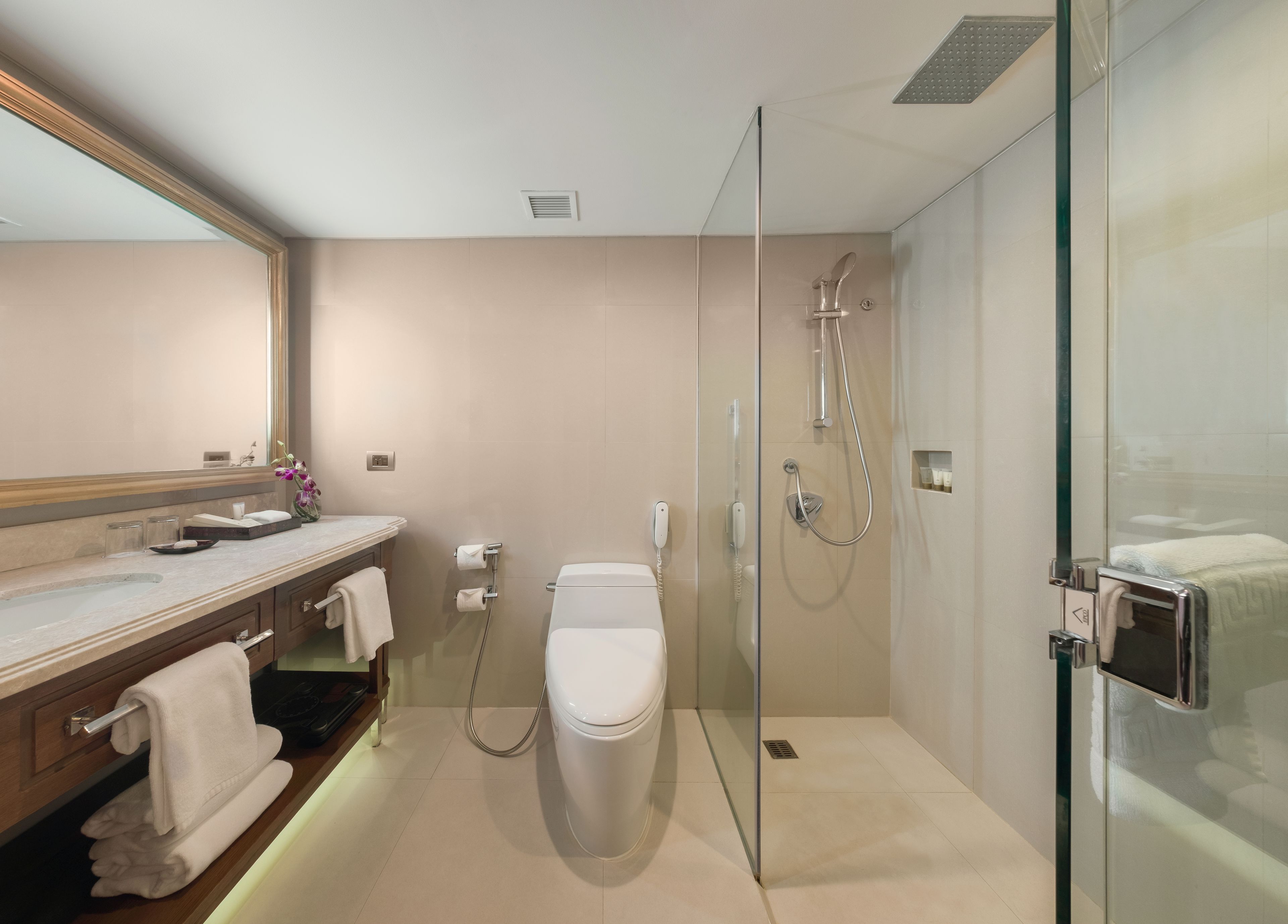 A modern bathroom with a glass-enclosed shower, a toilet, a vanity with a mirror, and a sink.