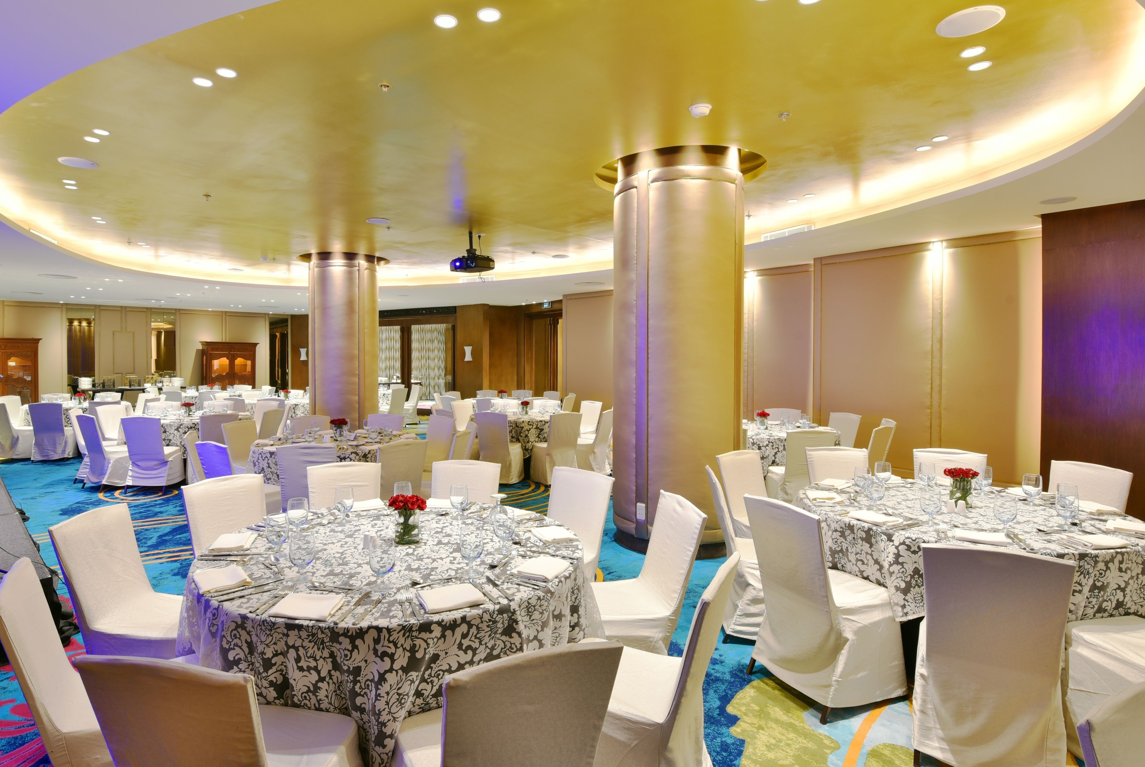 Un salón de banquetes con mesas redondas, sillas blancas y piso alfombrado.
