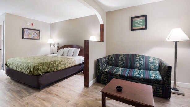 A hotel room with a bed, a sofa, a small table, and a lamp. - Econo Lodge Inn & Suites Knoxville East (Knoxville)