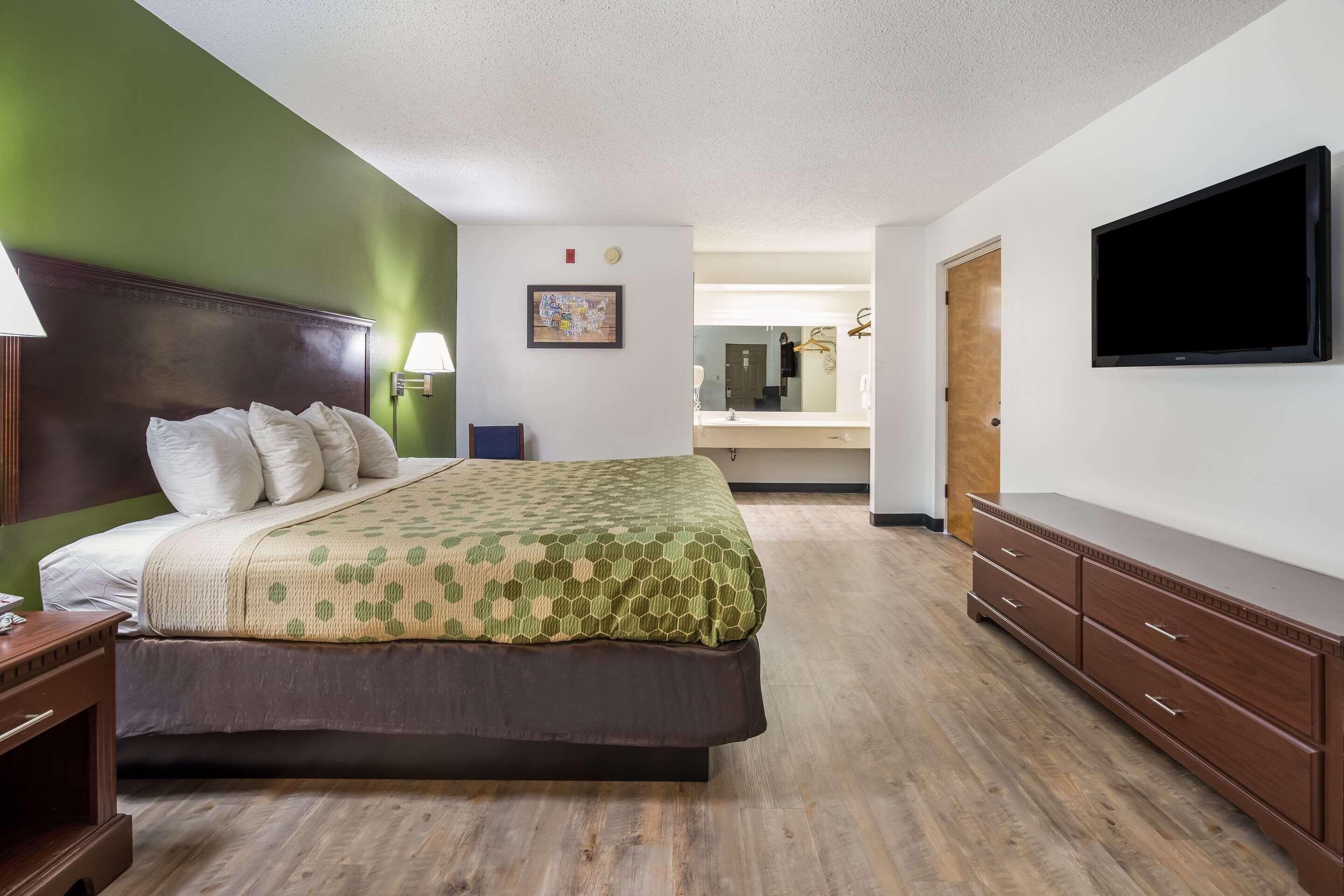 Une chambre d’hôtel avec un lit, une commode, une télévision et une salle de bain visible à travers une porte ouverte.