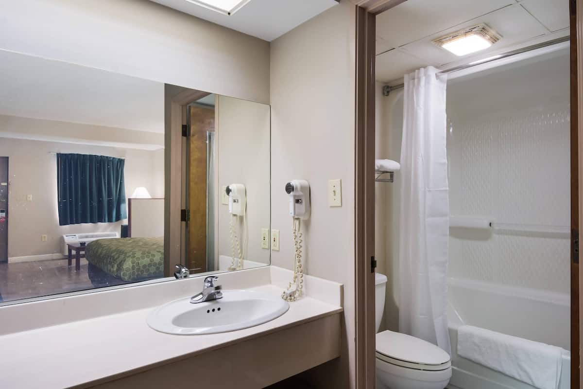 Une salle de bain d’hôtel avec un lavabo, un miroir et une douche.