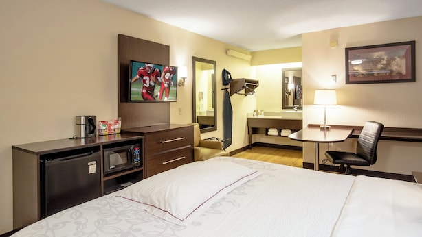 A hotel room with a bed, a desk, a chair, a TV, a coffee maker, and a mirror.