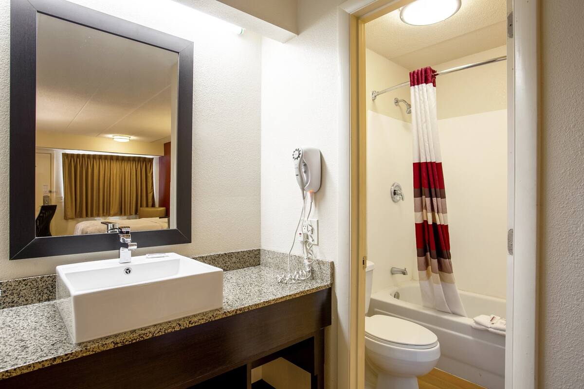 A bathroom with a sink, mirror, hairdryer, and shower curtain.