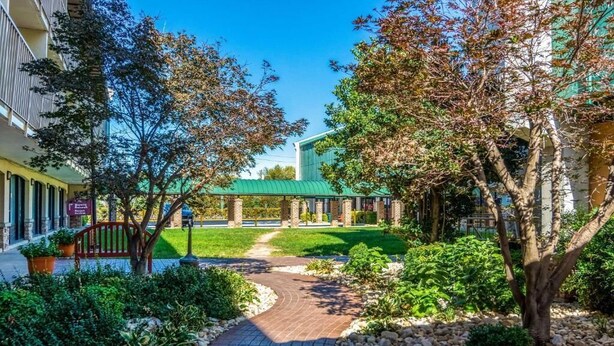 Un patio con un sendero empedrado, vegetación y un edificio con techo verde.