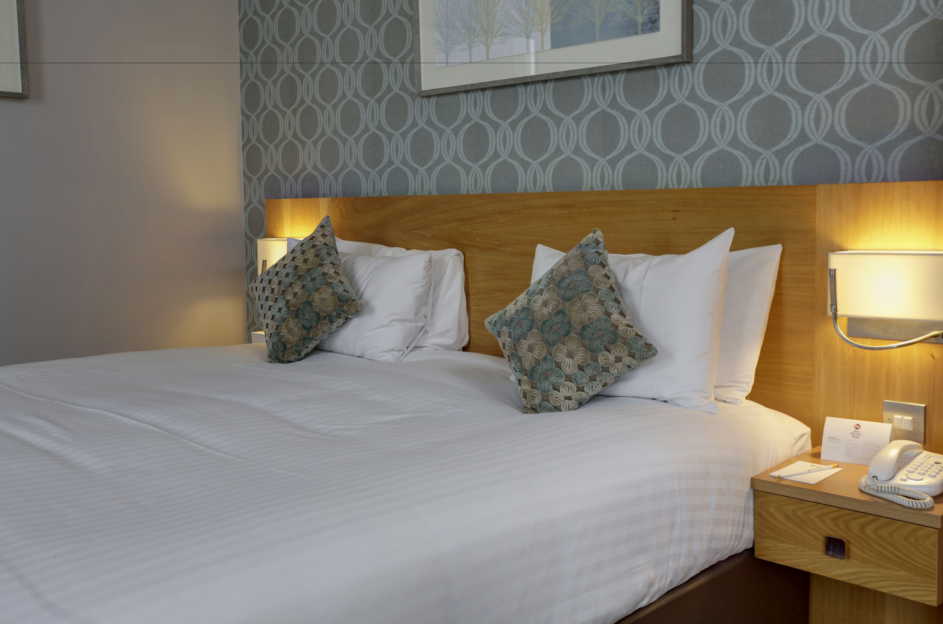 A hotel room with a large bed, two patterned pillows, bedside lamps, a nightstand with a phone, and a framed picture on the wall.